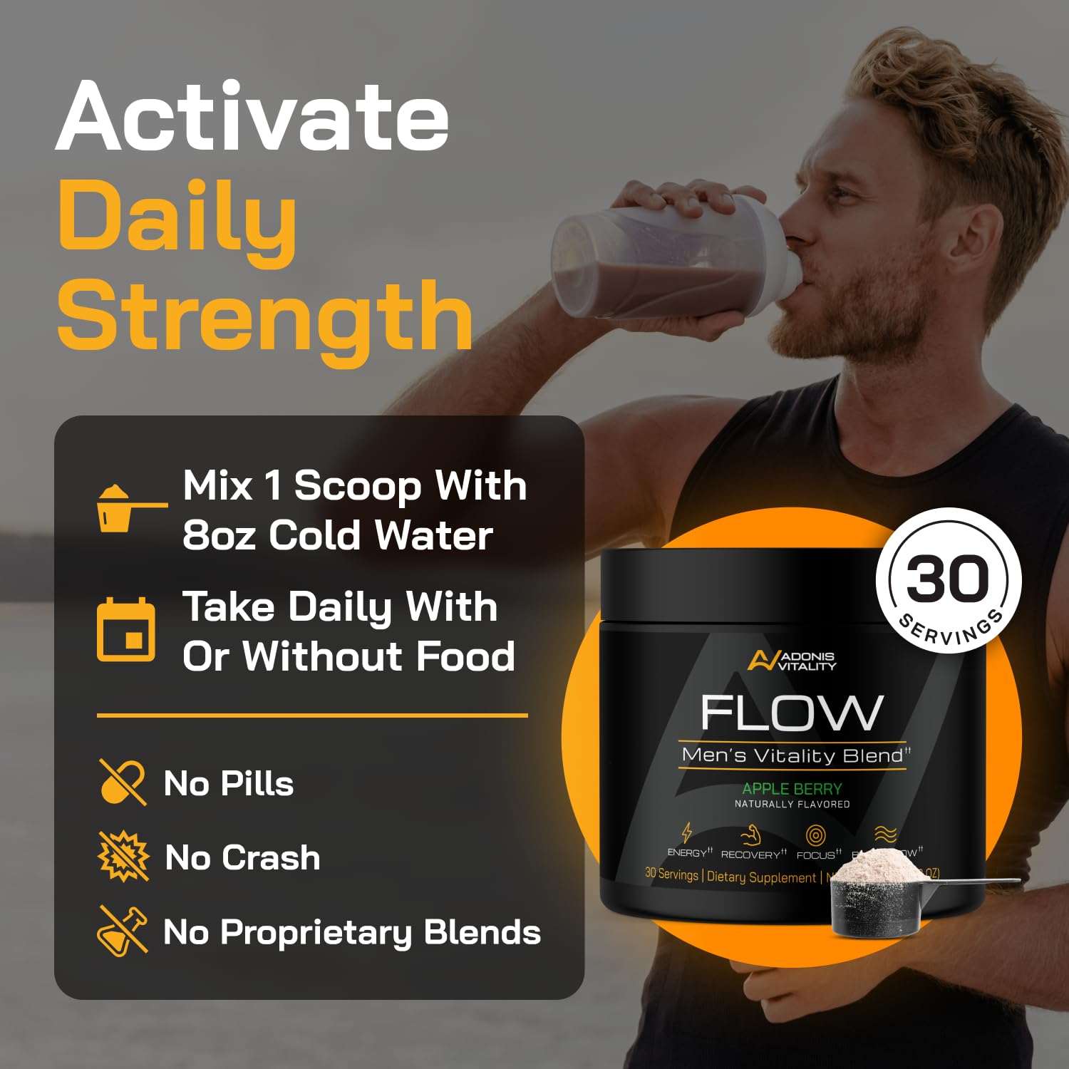 Adonis Vitality Flow: envase de 30 dosis destaca calidad GMP.