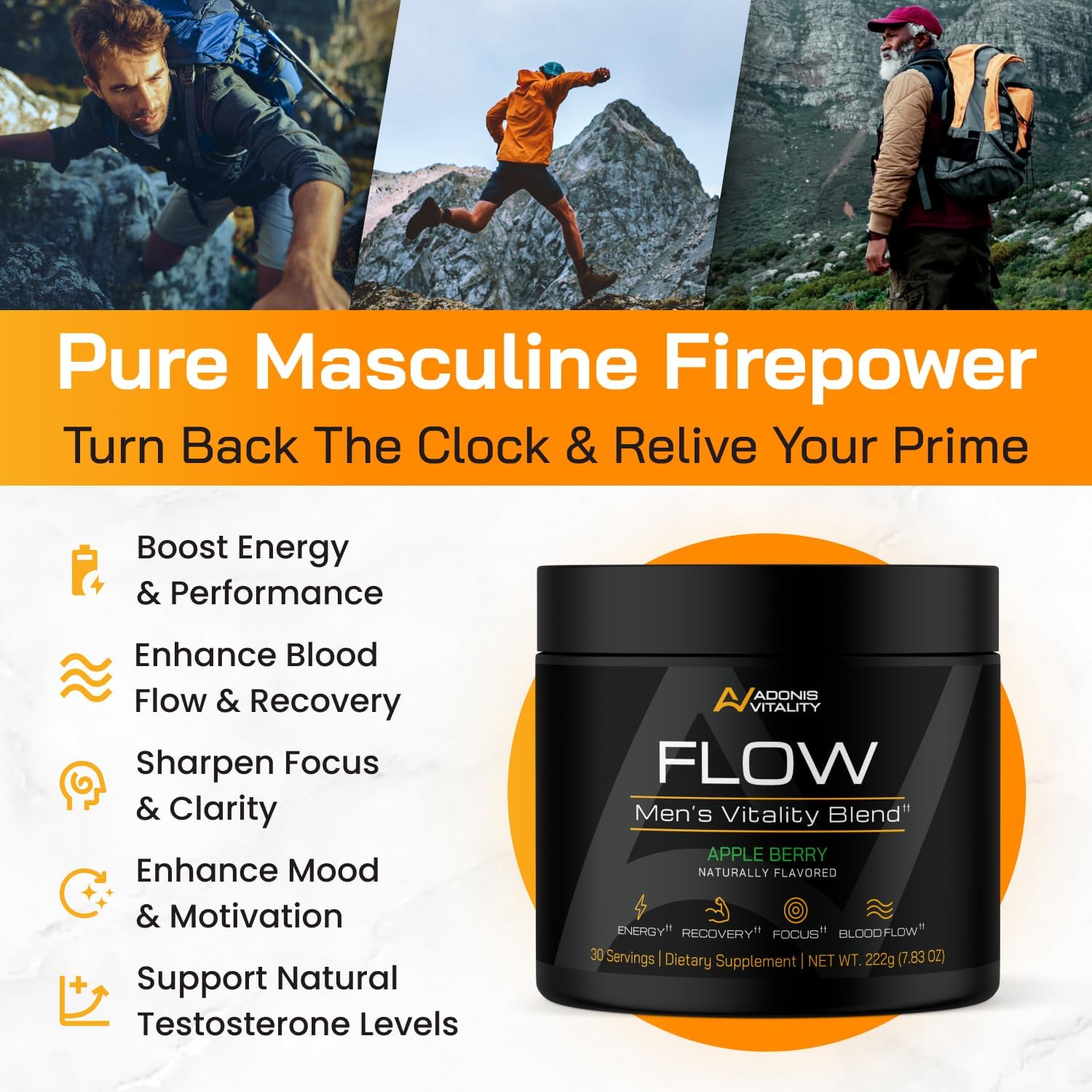 Adonis Vitality Flow: ingredientes clave como citrulina para energía y resistencia.