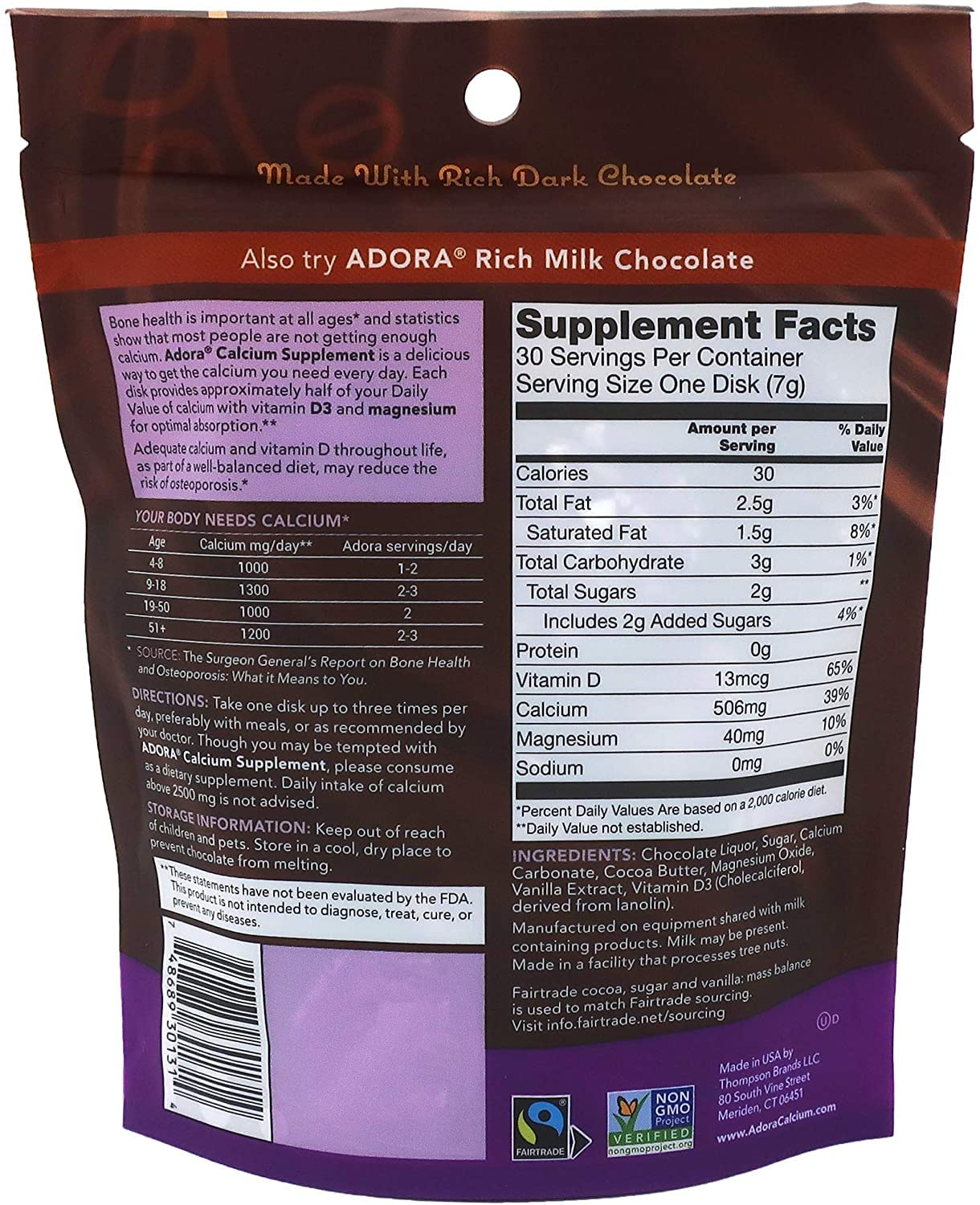 Adora Calcio chocolate con 500 ui de vitamina D3 para mejor absorción.