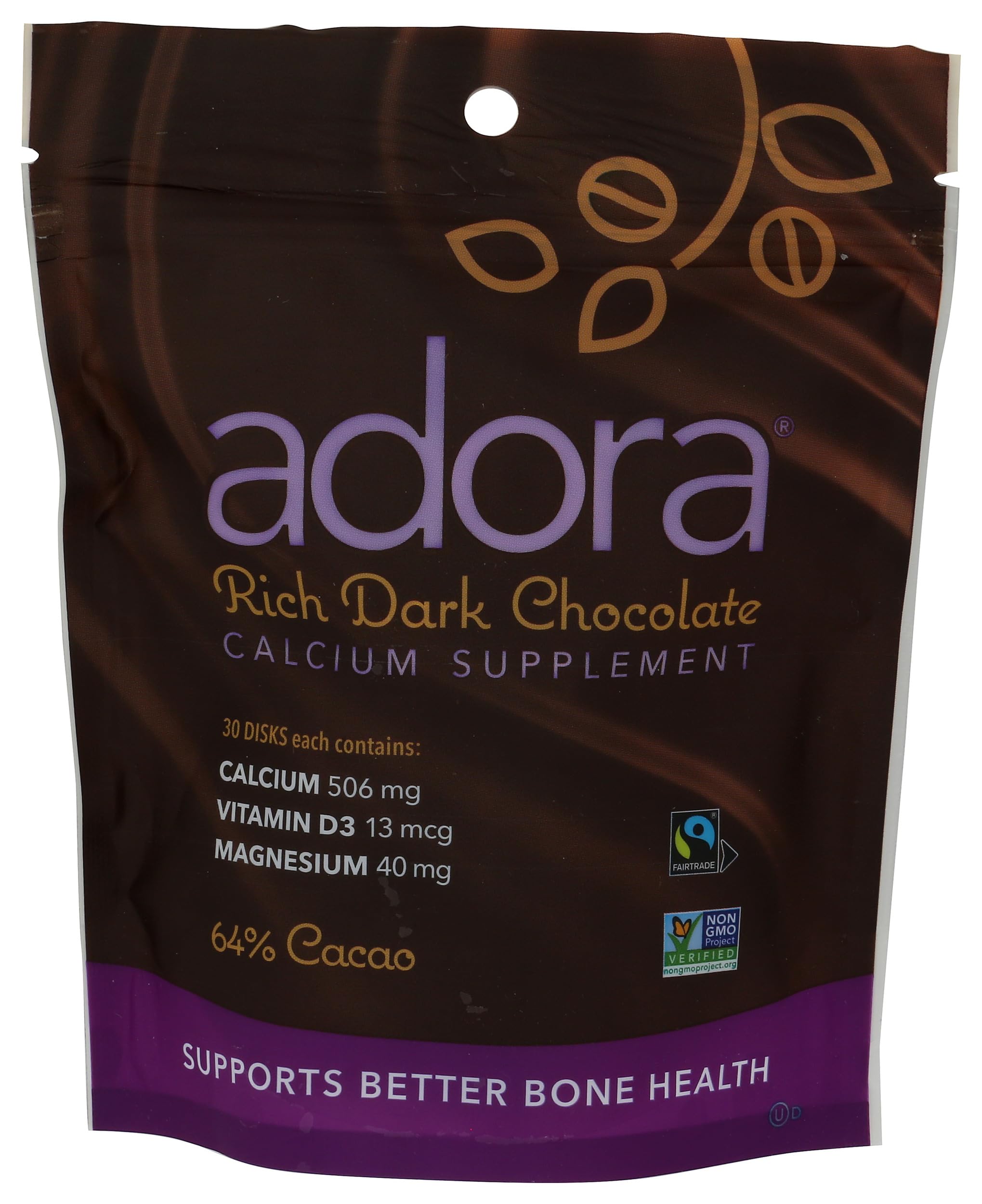 Adora Calcium Disk con chocolate orgánico, complemento diario de calcio y sabor suave.
