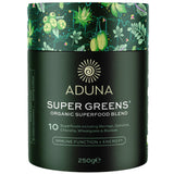 Aduna Super Greens empaque y botella para almacenamiento práctico.