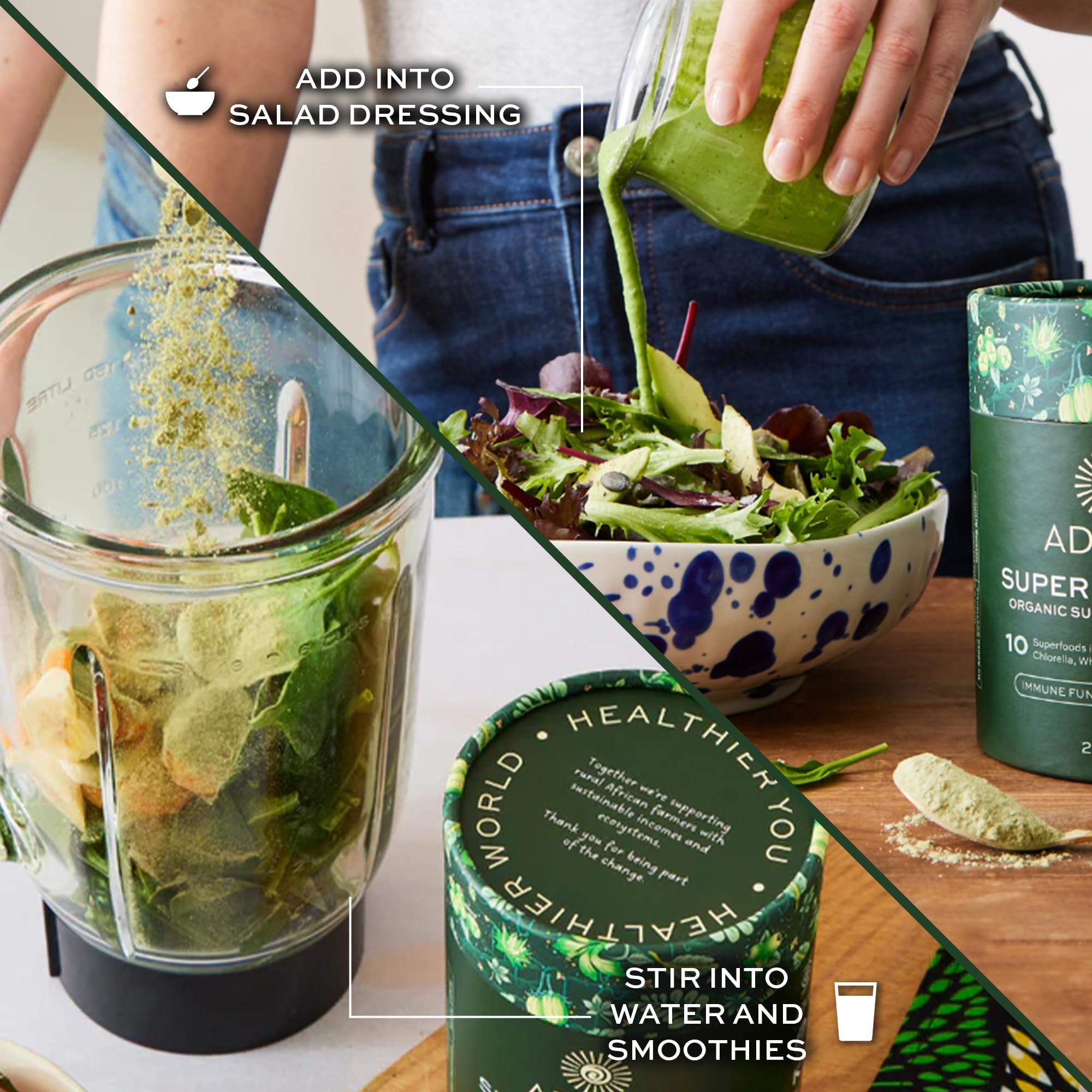 Aduna Super Greens etiqueta de ingredientes para transparencia de origen.