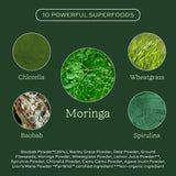 Aduna Super Greens vaso con bebida verde lista para tomar.