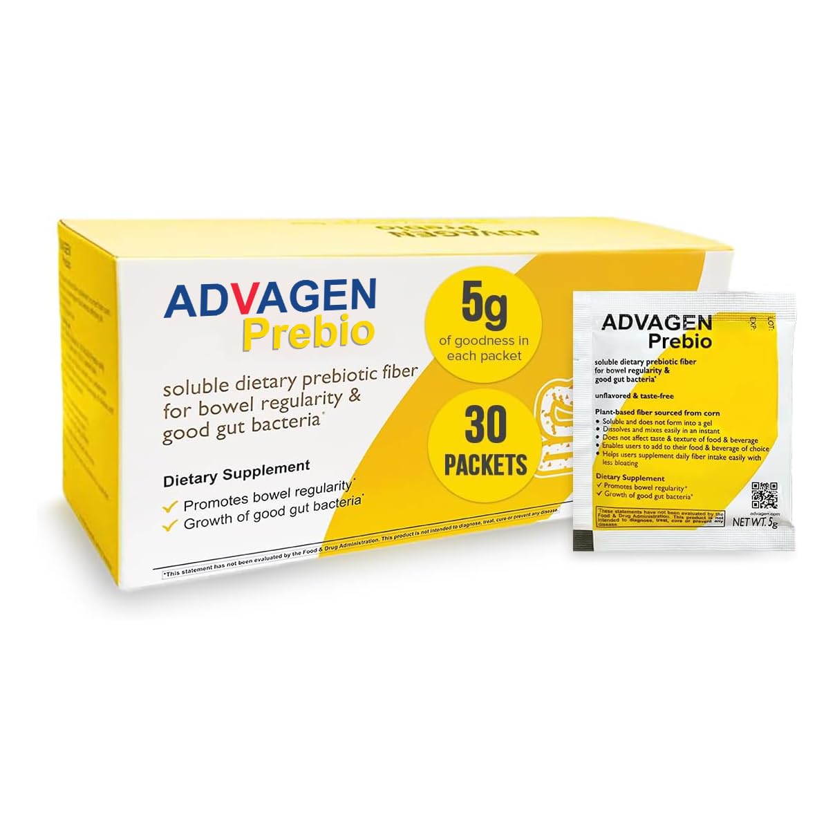Advagen Prebio fibra soluble en caja con 30 sobres para consumo diario.