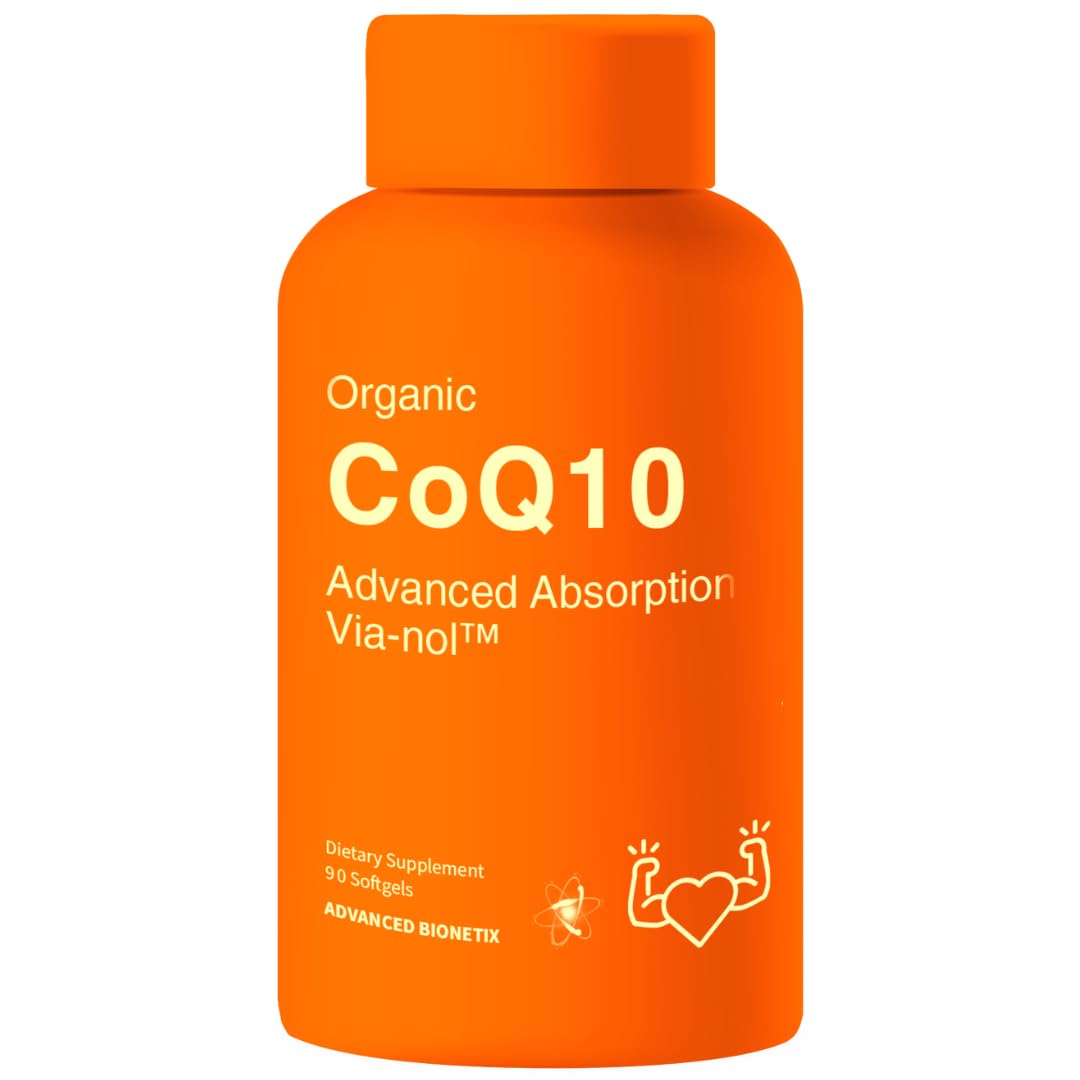 Advanced Bionetix CoQ10, botella de cápsulas para energía diaria.