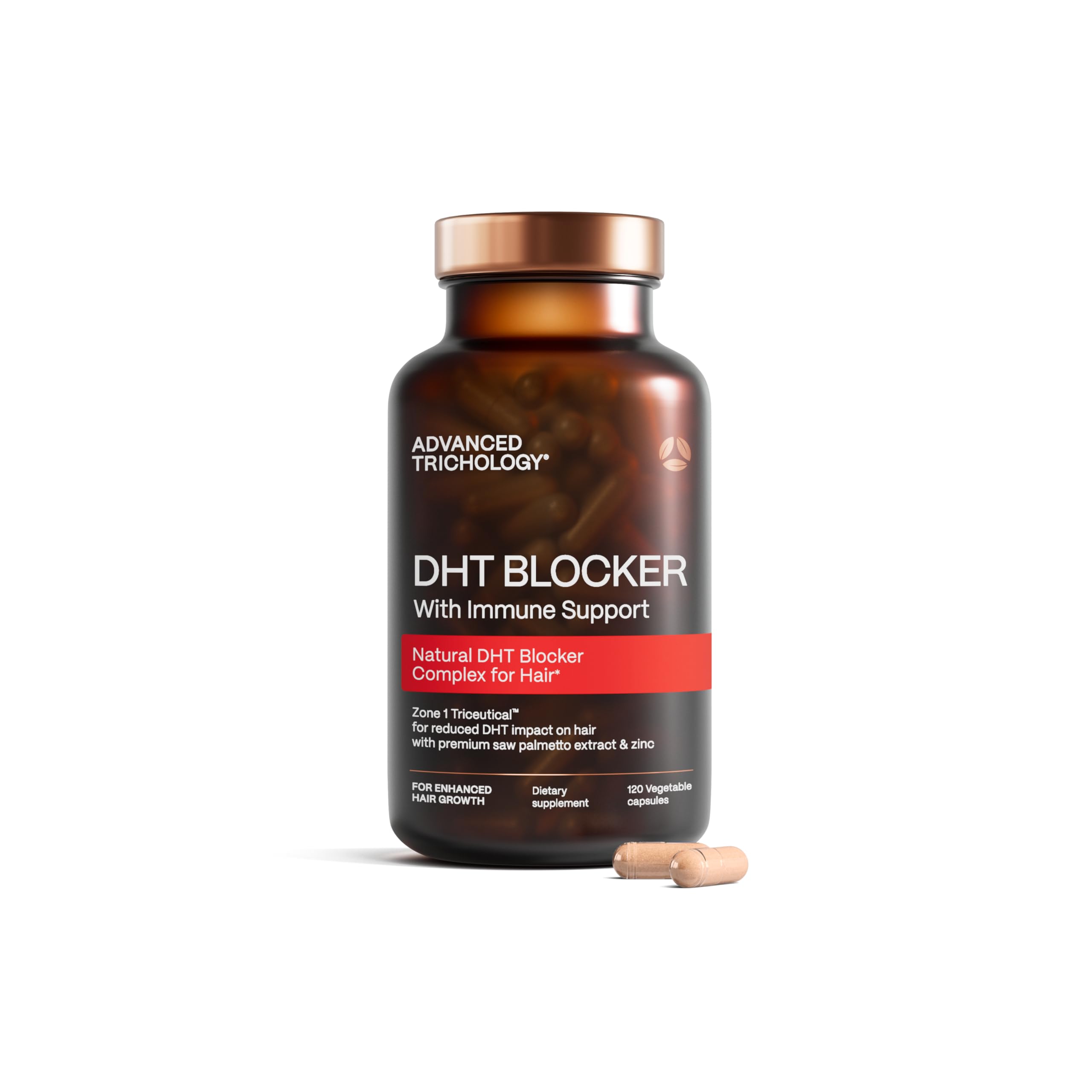 Advanced Trichology DHT Blocker en botella, posible apoyo diario al cuidado capilar.