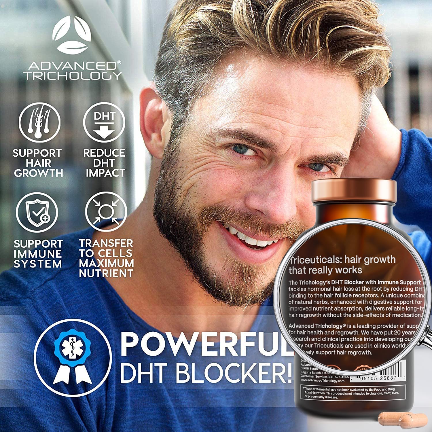 Advanced Trichology DHT Blocker: empaque premium que refleja experiencia clínica.