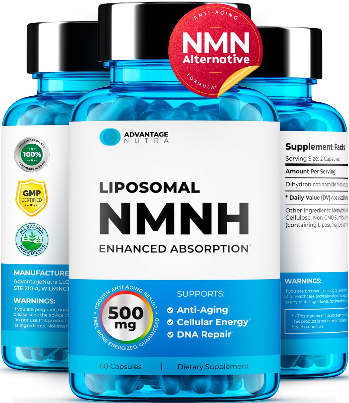 AdvantageNutra Liposomal NMNH 500 mg, botella para energía diaria y bienestar celular.