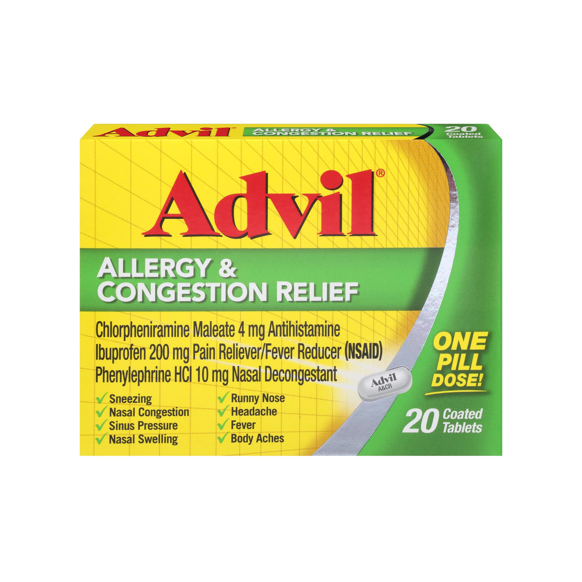 Advil alivia alergia y congestión, la caja muestra tabletas recubiertas para alivio múltiple.