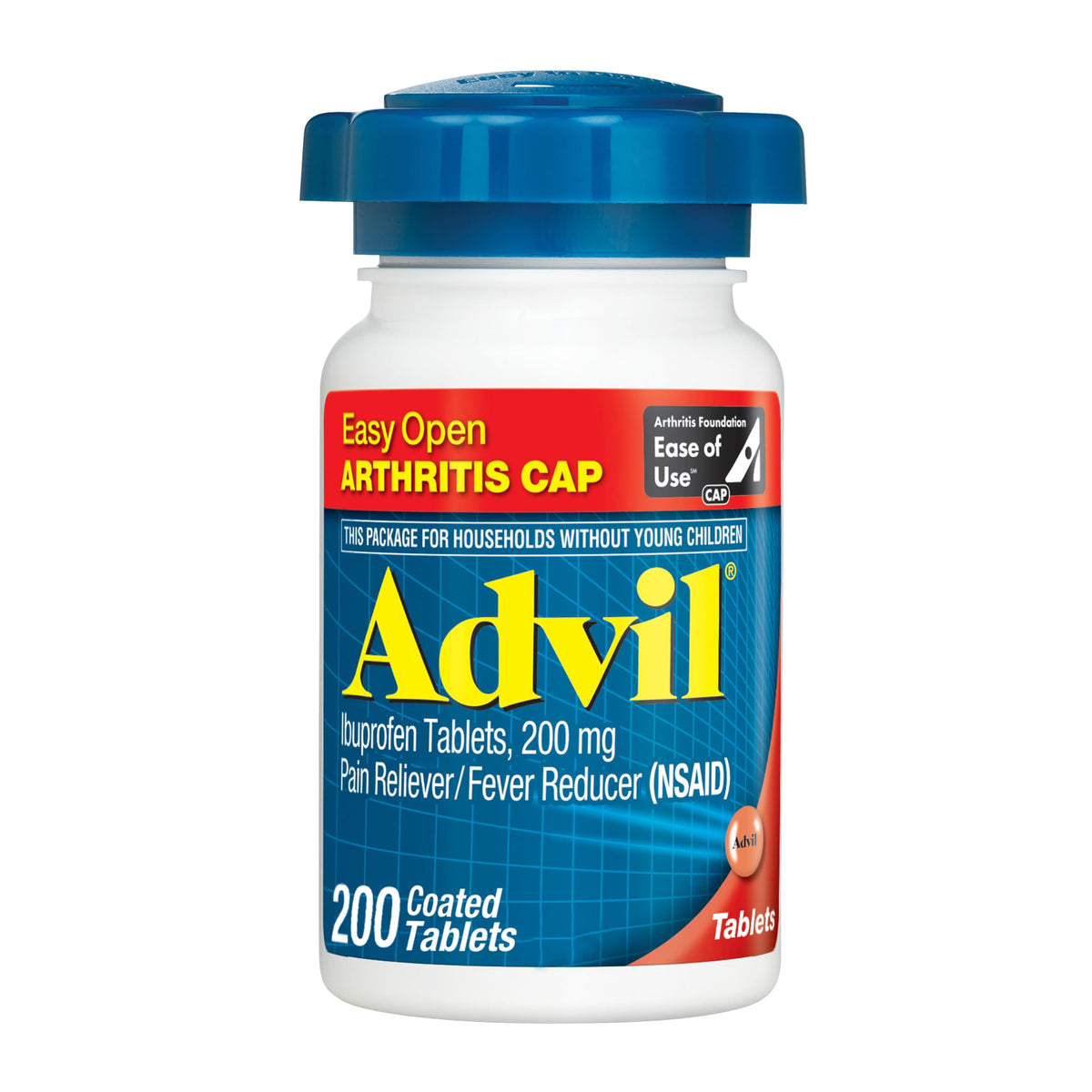 Advil, botella de tabletas recubiertas 200 mg para alivio del dolor.