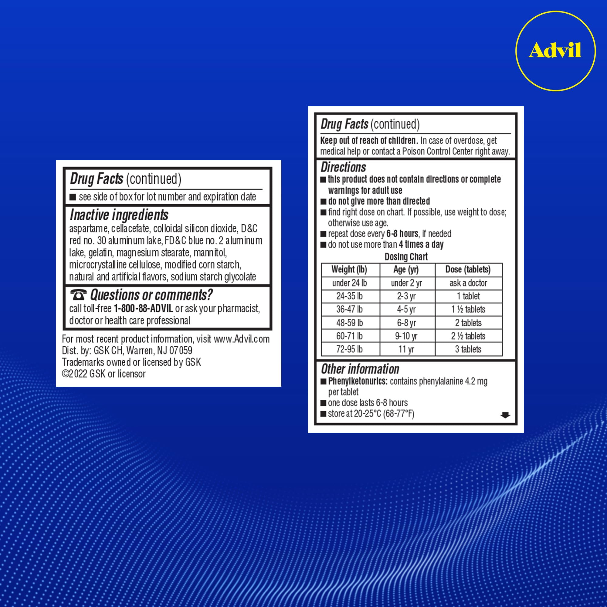 Advil Junior Strength tabletas uva contraportada: guía rápida de uso para padres.