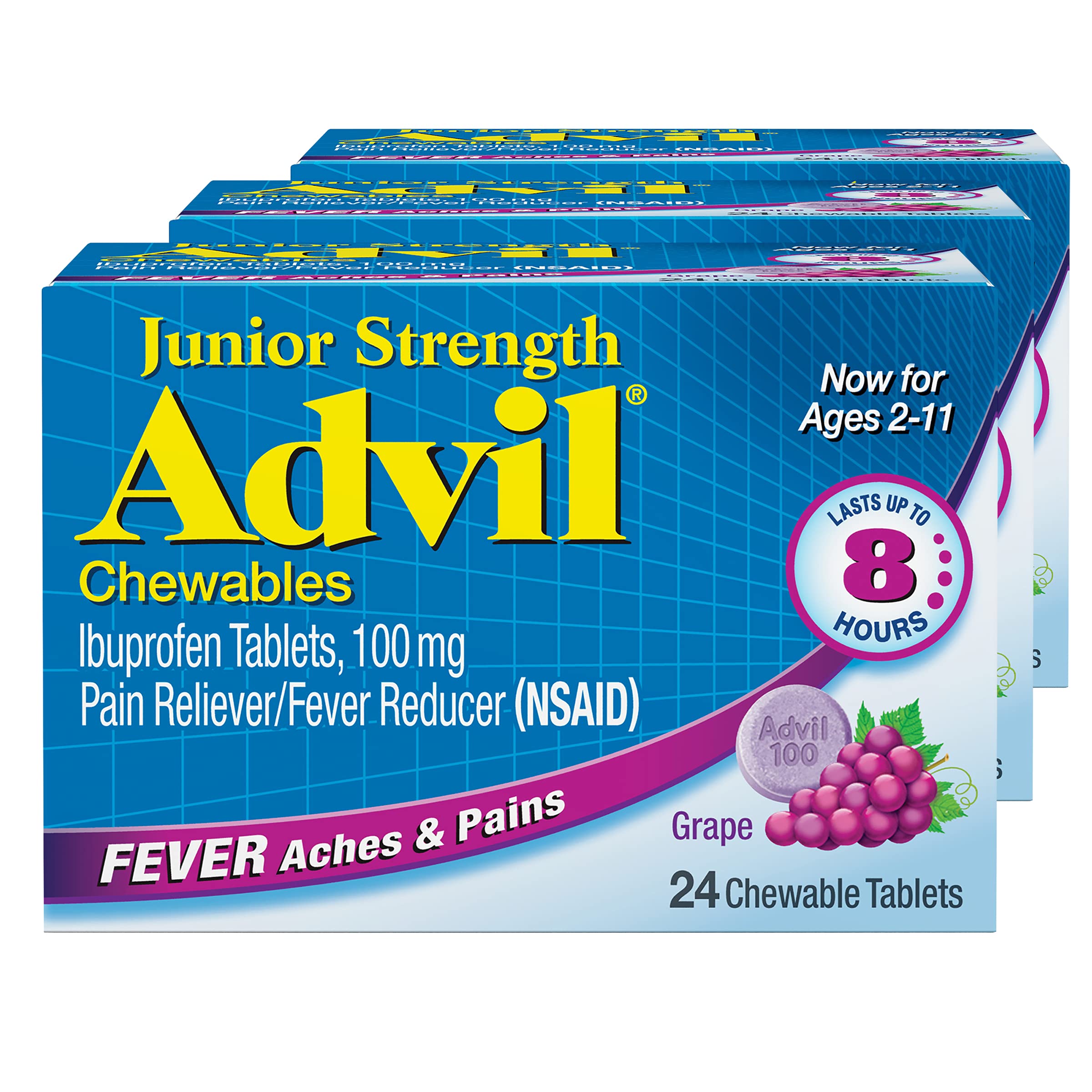 Advil Junior Strength tabletas uva frente: formato cómodo para niños.
