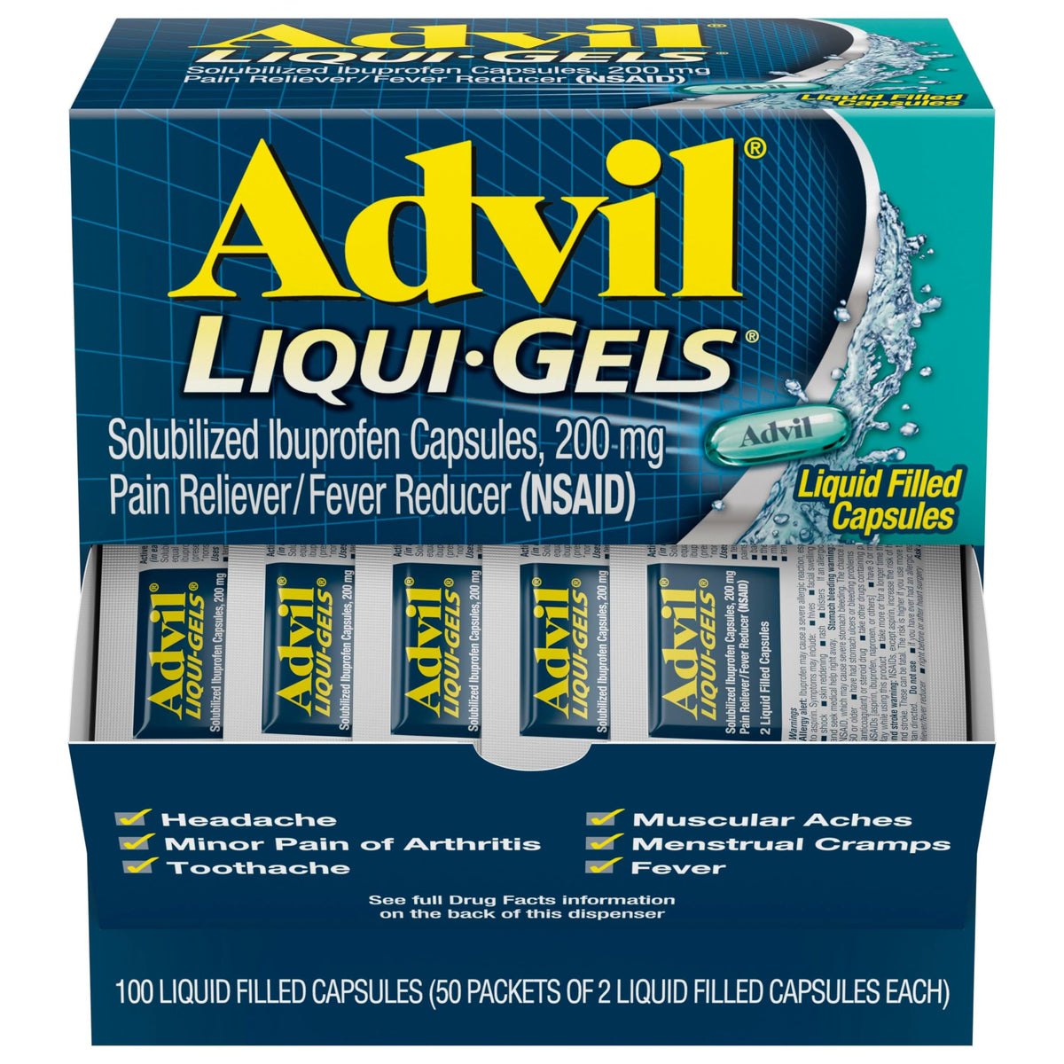 Advil Liqui-Gels muestra dos cápsulas en un empaque portátil para alivio rápido