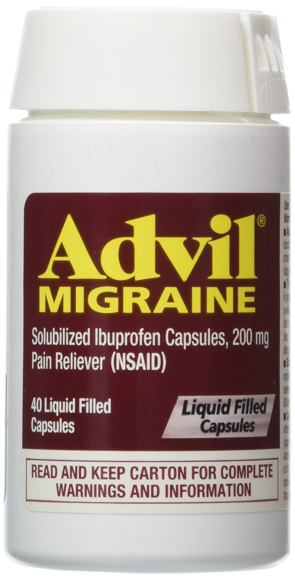 Advil Migraña Liqui-Gels: bote con cápsulas gel para alivio potencial durante episodios.