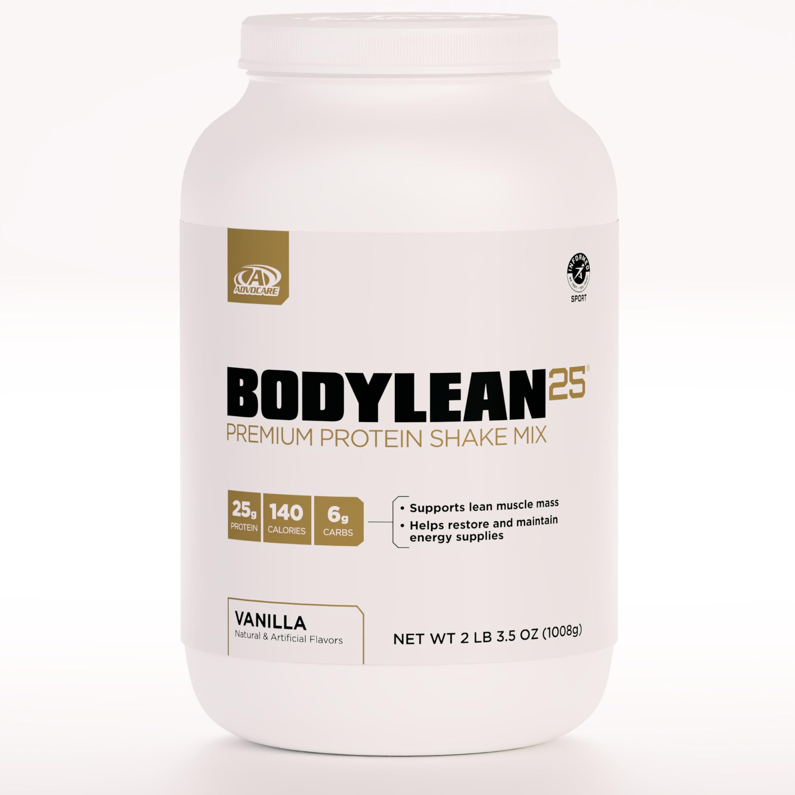 AdvoCare BodyLean25 envase vainilla: proteína de suero para apoyar músculo.