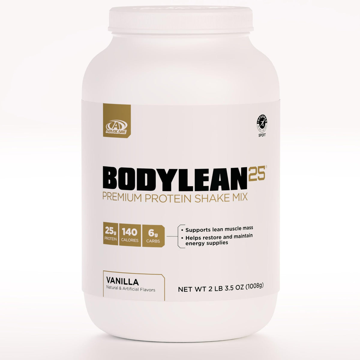 AdvoCare BodyLean25 envase vainilla: proteína de suero para apoyar músculo.