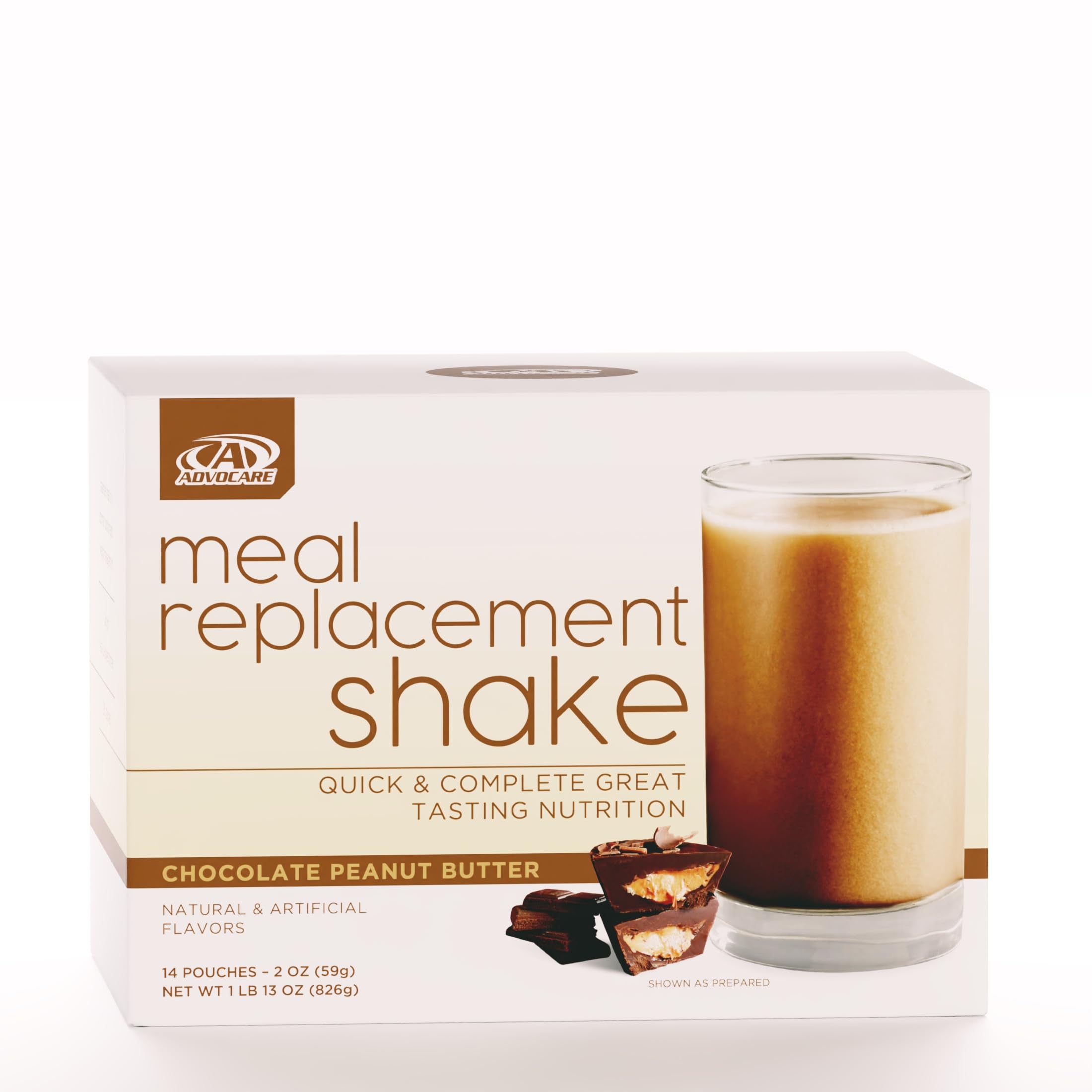 Batido AdvoCare Meal Replacement en vaso, sabor chocolate con maní, energía rápida