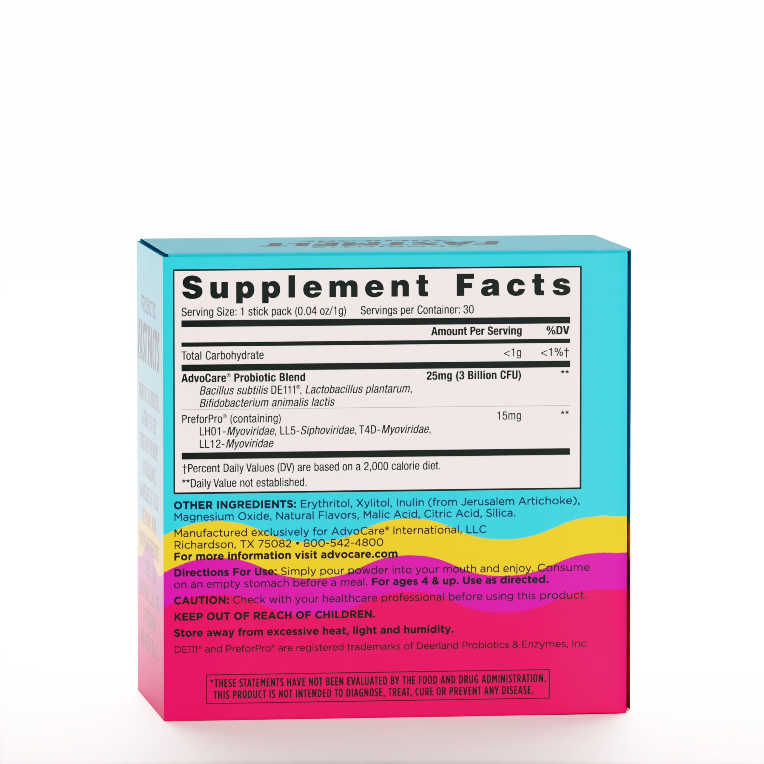 AdvoCare Probiotic FastMelt, dosis de 3 mil millones CFU, promueve salud intestinal.