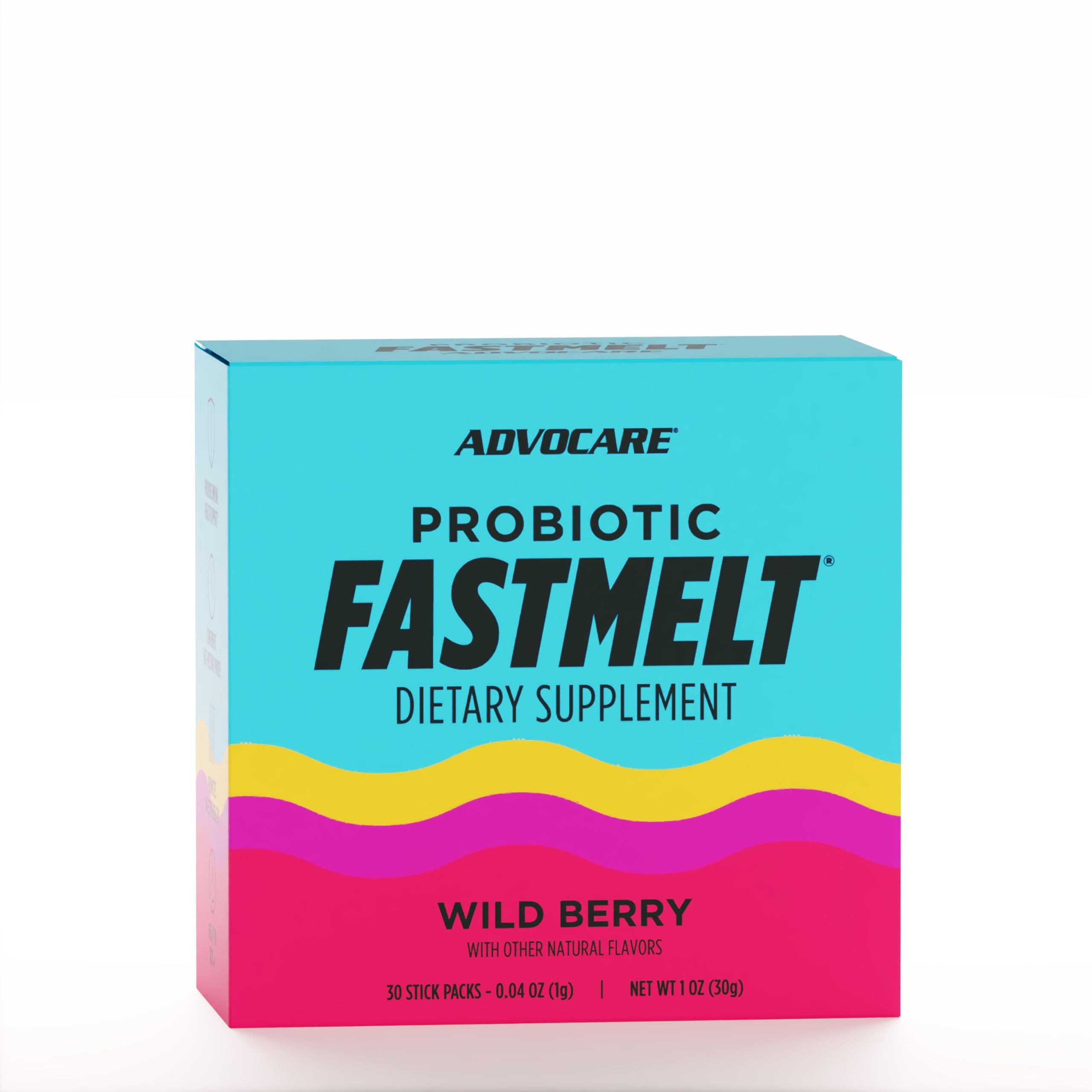 AdvoCare Probiotic FastMelt, sobre sabor frutos rojos, consumo rápido y agradable.