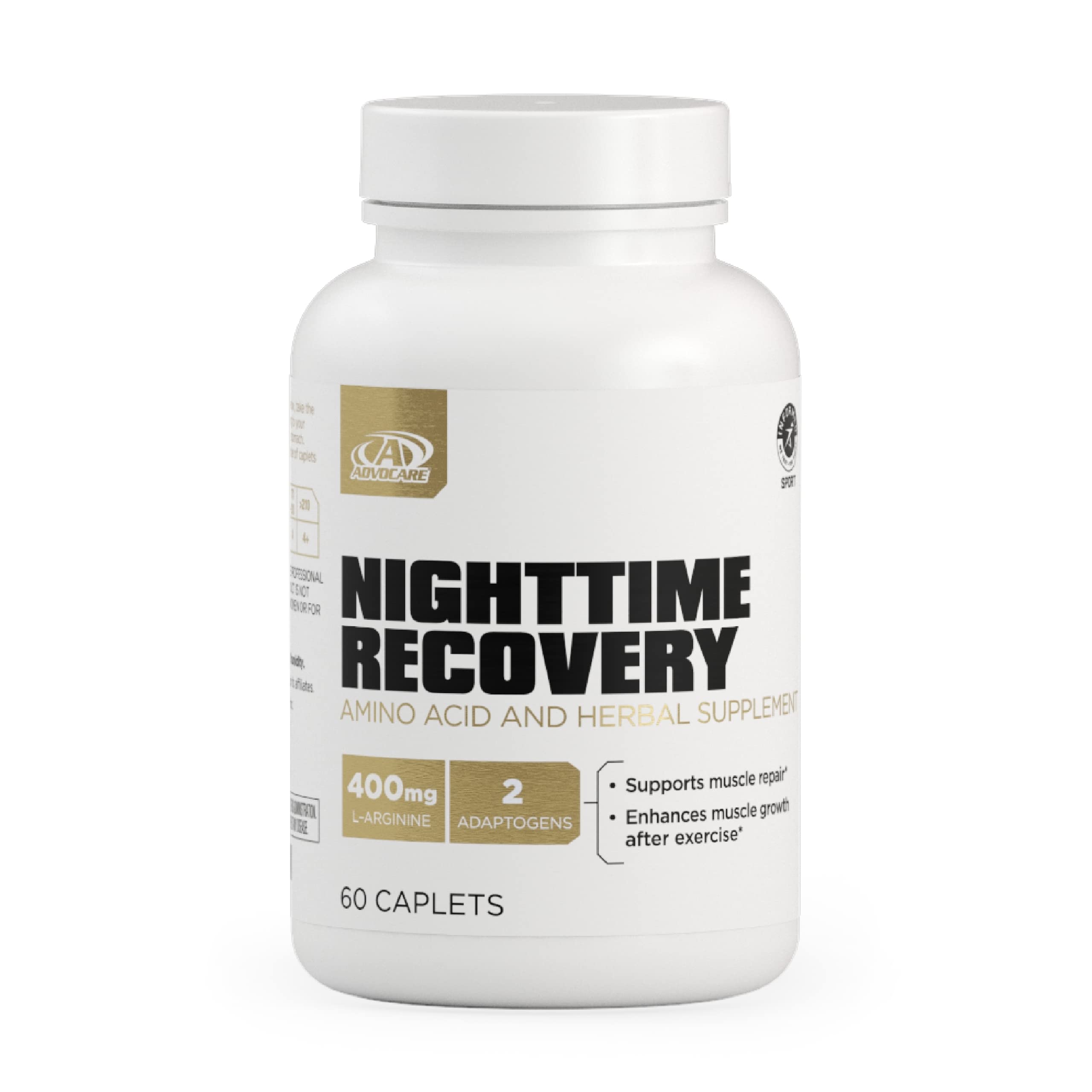 AdvoCare Nighttime Recovery: botella inclinada que sugiere recuperación muscular nocturna y uso antes de dormir