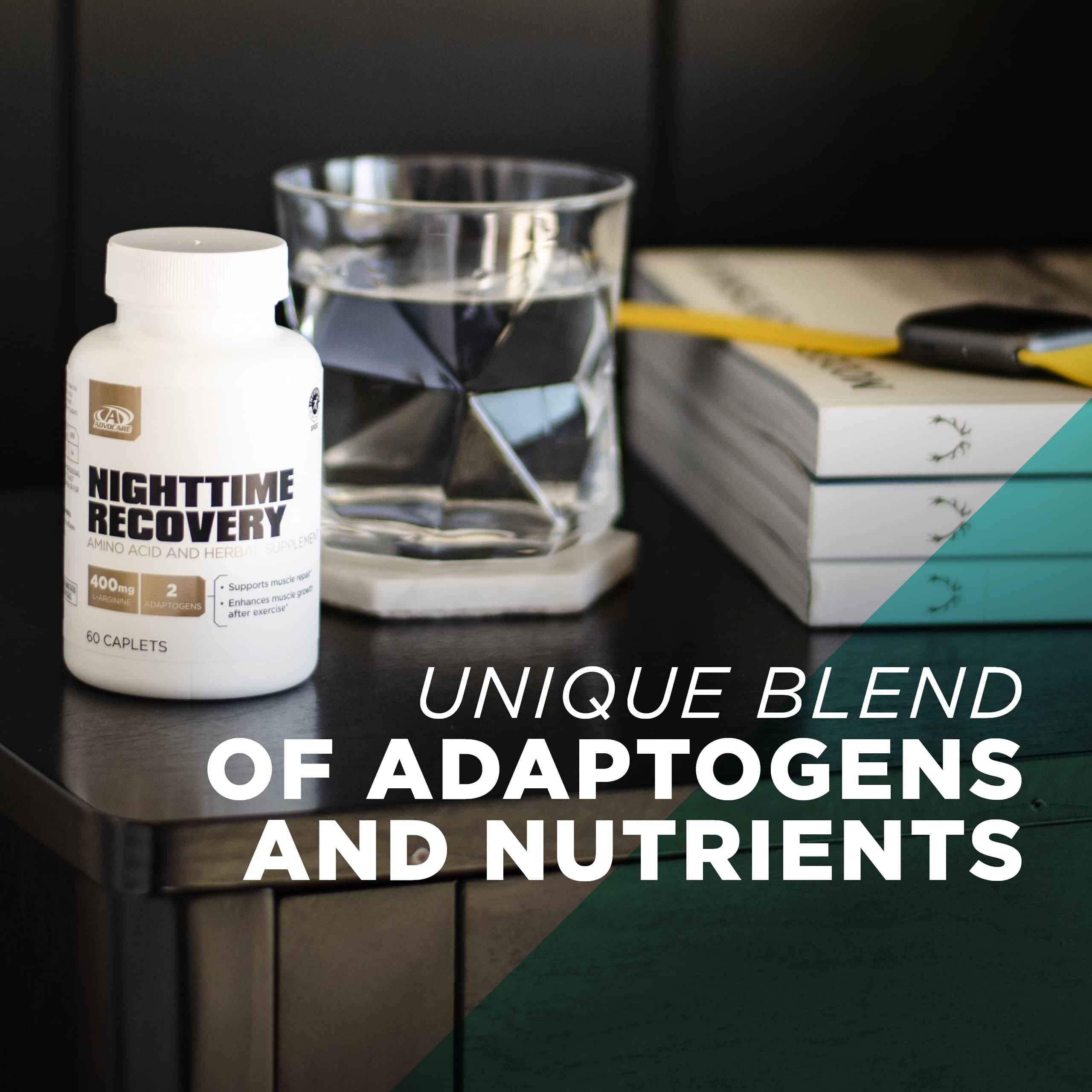 AdvoCare Nighttime Recovery: paquete frontal mostrando el perfil de aminoácidos y extractos herbales