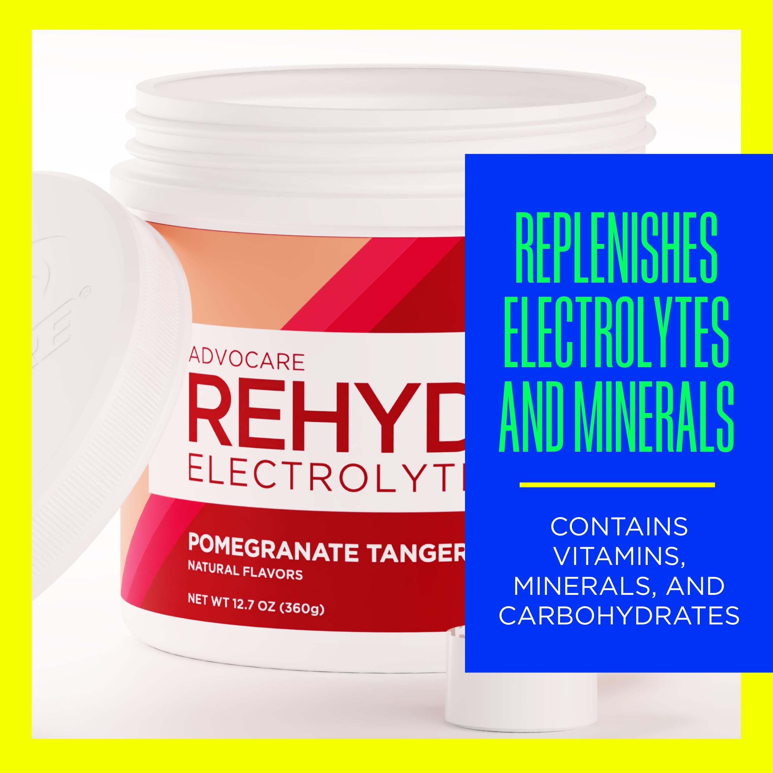 AdvoCare Rehydrate; cucharita medidora con agua; fácil disolución y consumo.