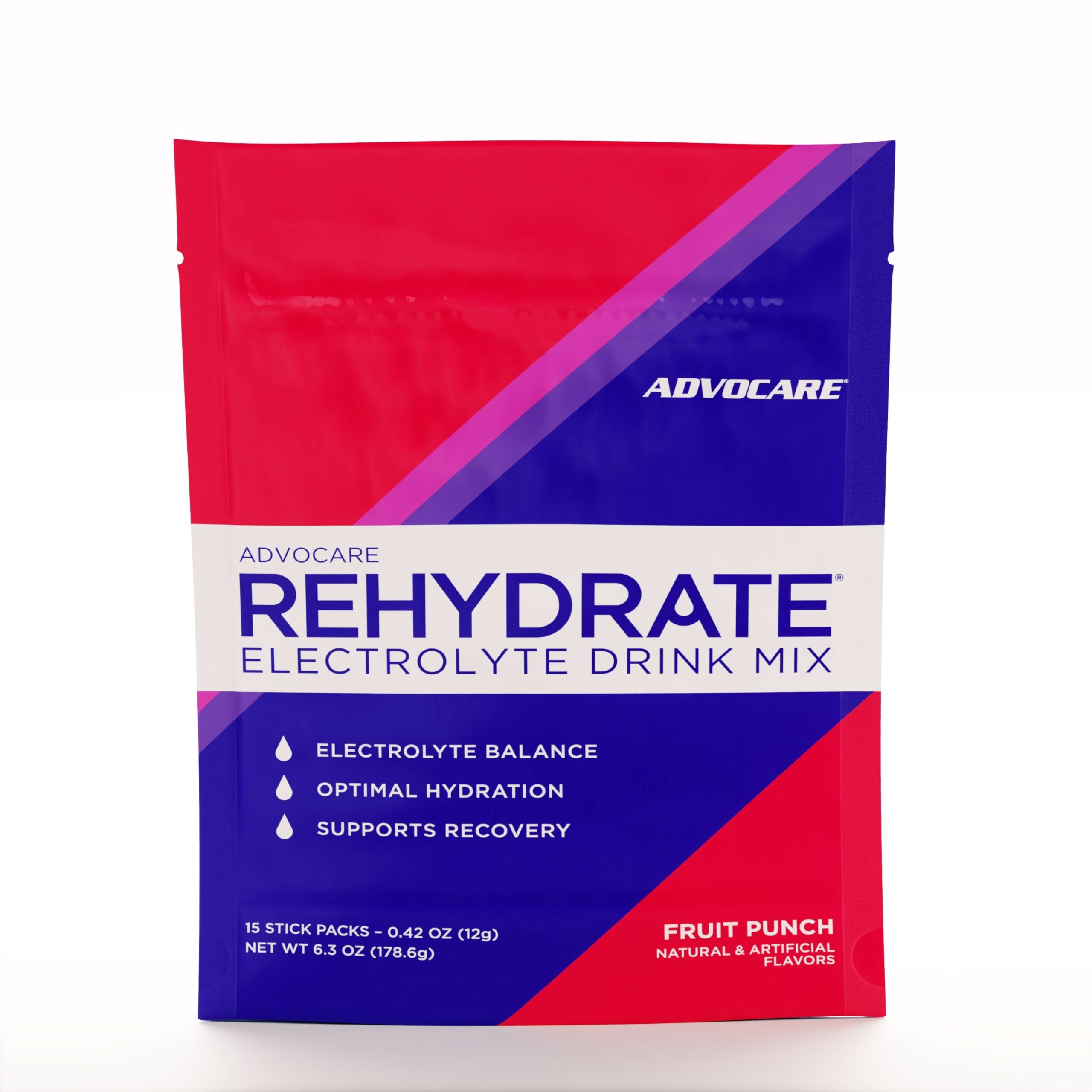 AdvoCare Rehydrate, empaque de porciones Fruta Punch, hidratación portátil para entrenamientos.
