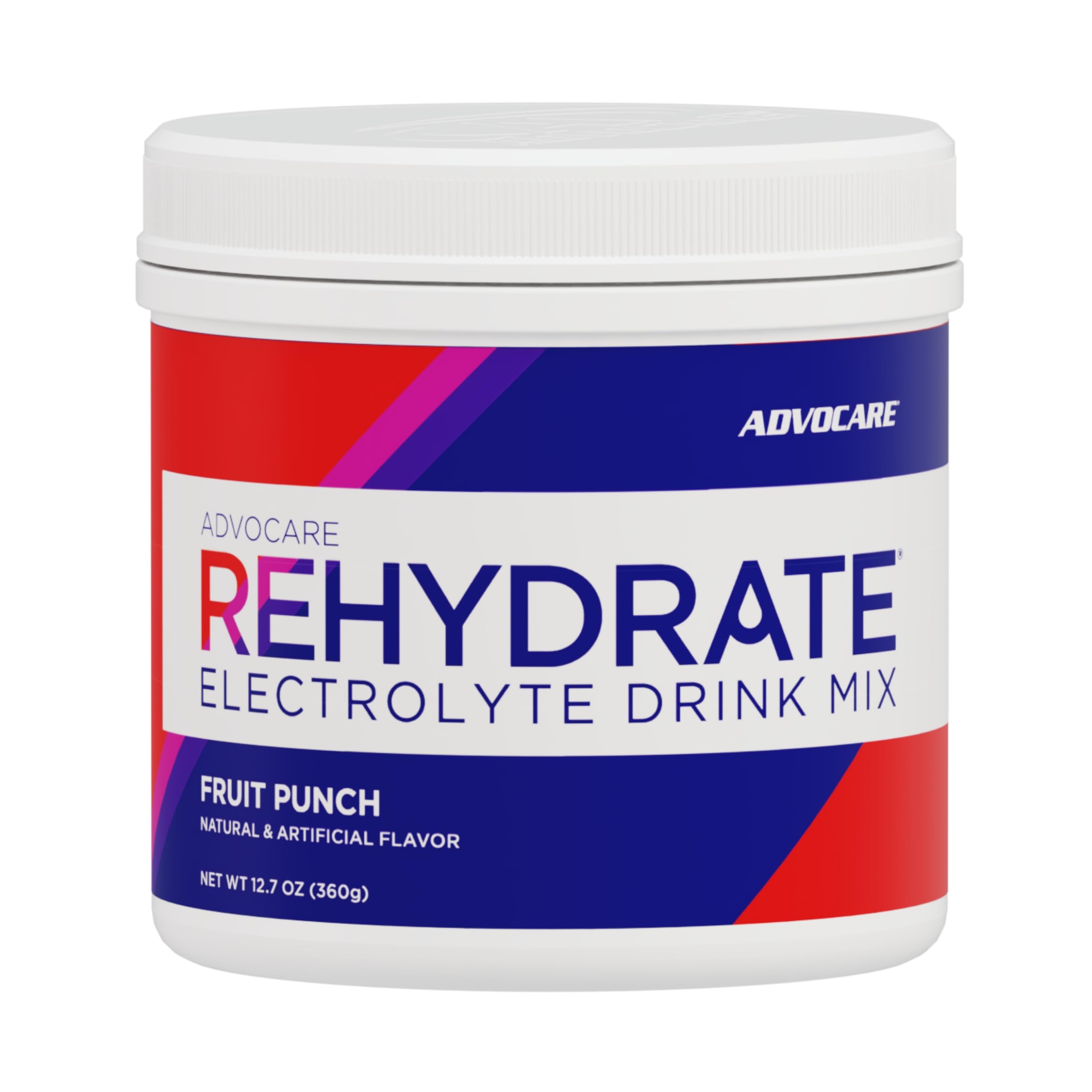 AdvoCare Rehydrate envase sabor fruta para hidratación efectiva durante entrenamientos.