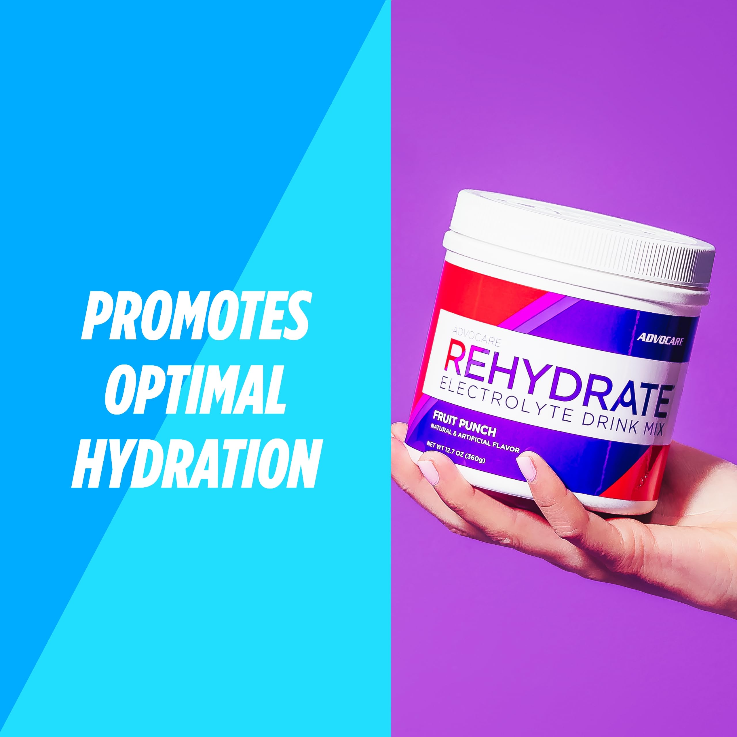 AdvoCare Rehydrate etiqueta frontal brinda información clara de beneficios.