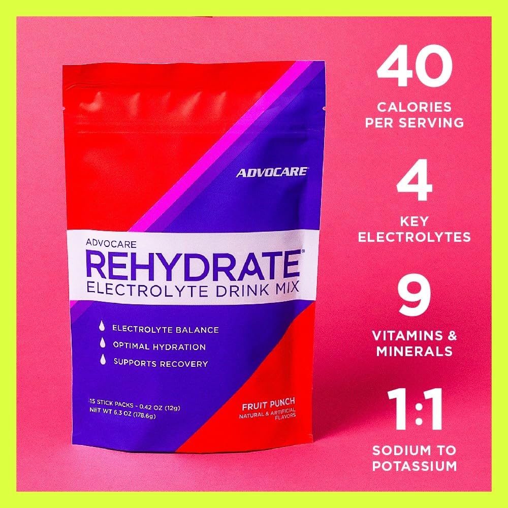 AdvoCare Rehydrate, etiqueta con electrolitos y vitaminas para soporte diario.