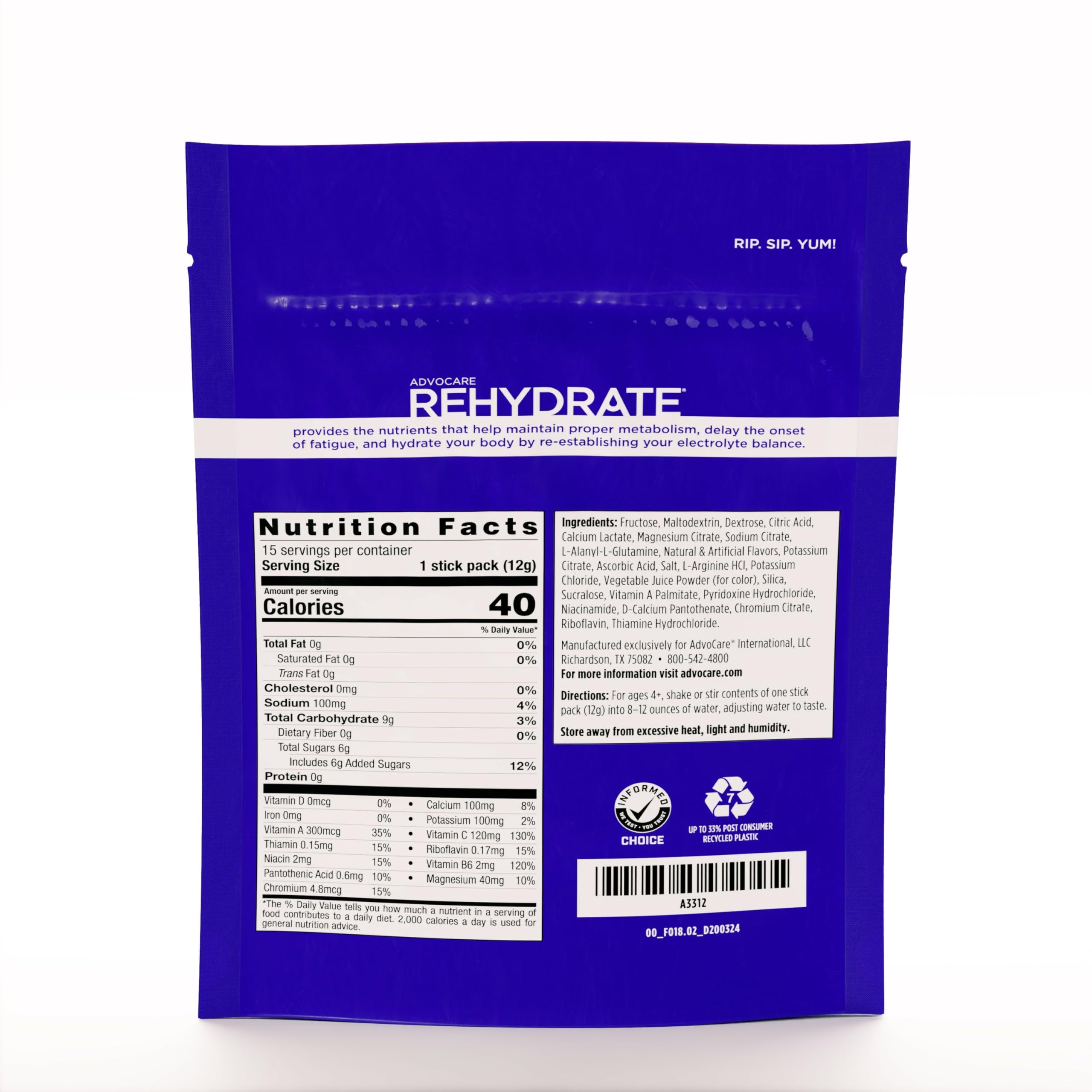 AdvoCare Rehydrate, disolución rápida en agua para recuperación tras ejercicio.