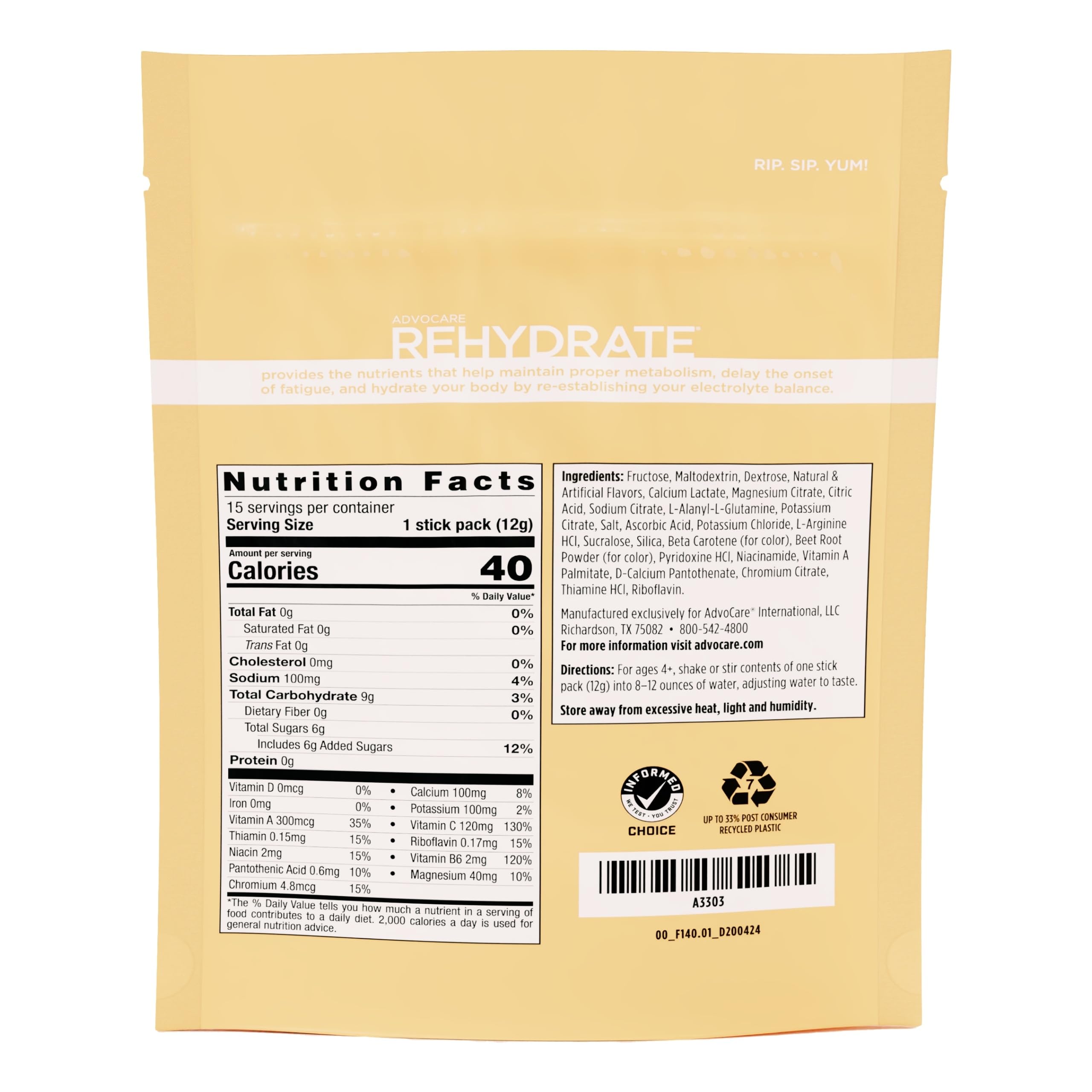 AdvoCare Rehydrate mezcla para agua, sabor agradable y recuperación suave