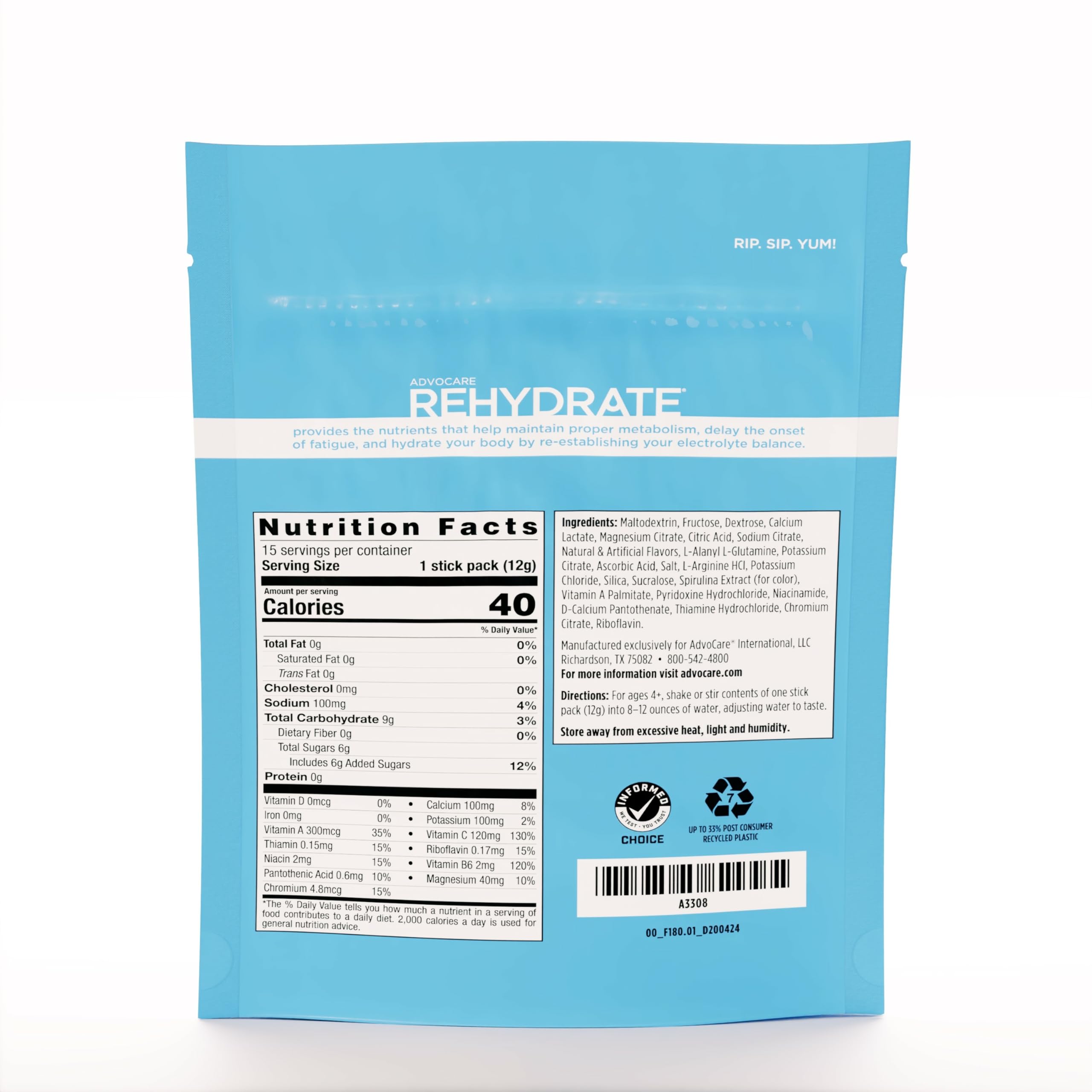 Paquetes de una porción de AdvoCare Rehydrate para mezclas rápidas.