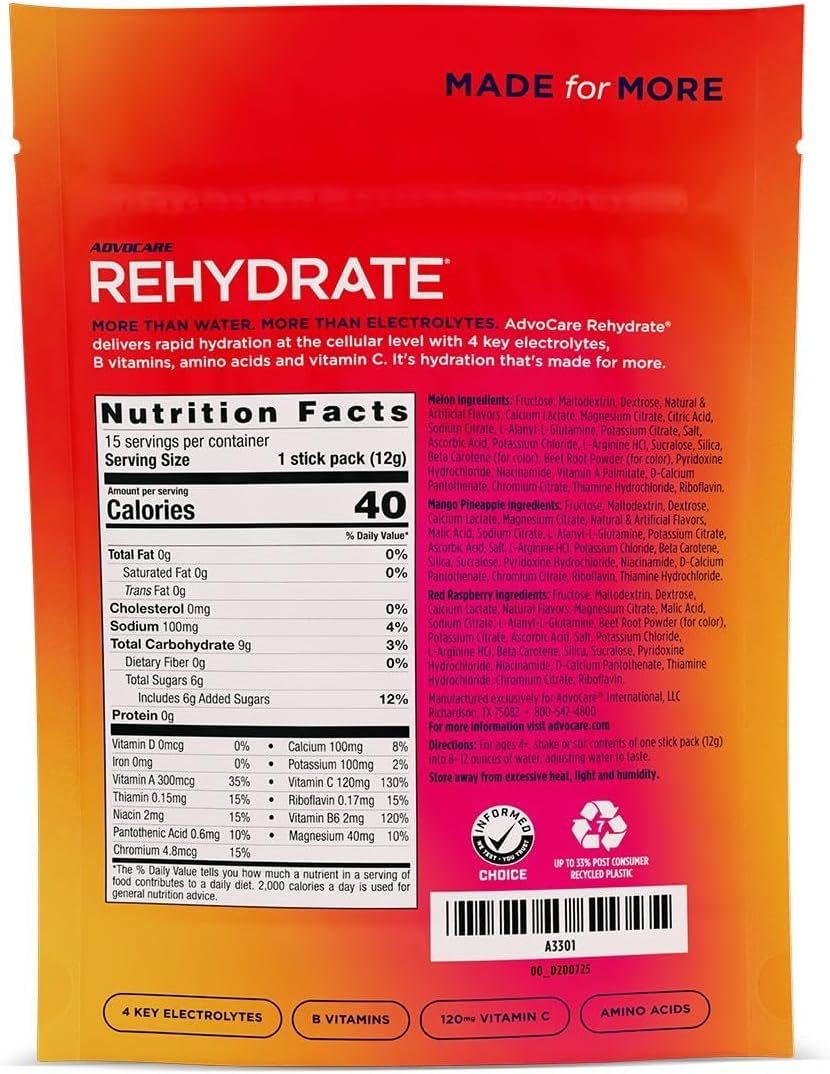 AdvoCare Rehydrate: sobre individual para uso rápido durante entrenamientos.