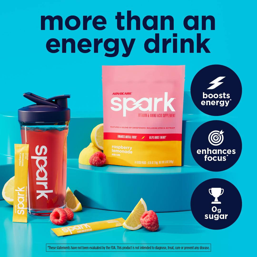 AdvoCare Spark: cucharilla de polvo mostrando mezcla rápida en agua.