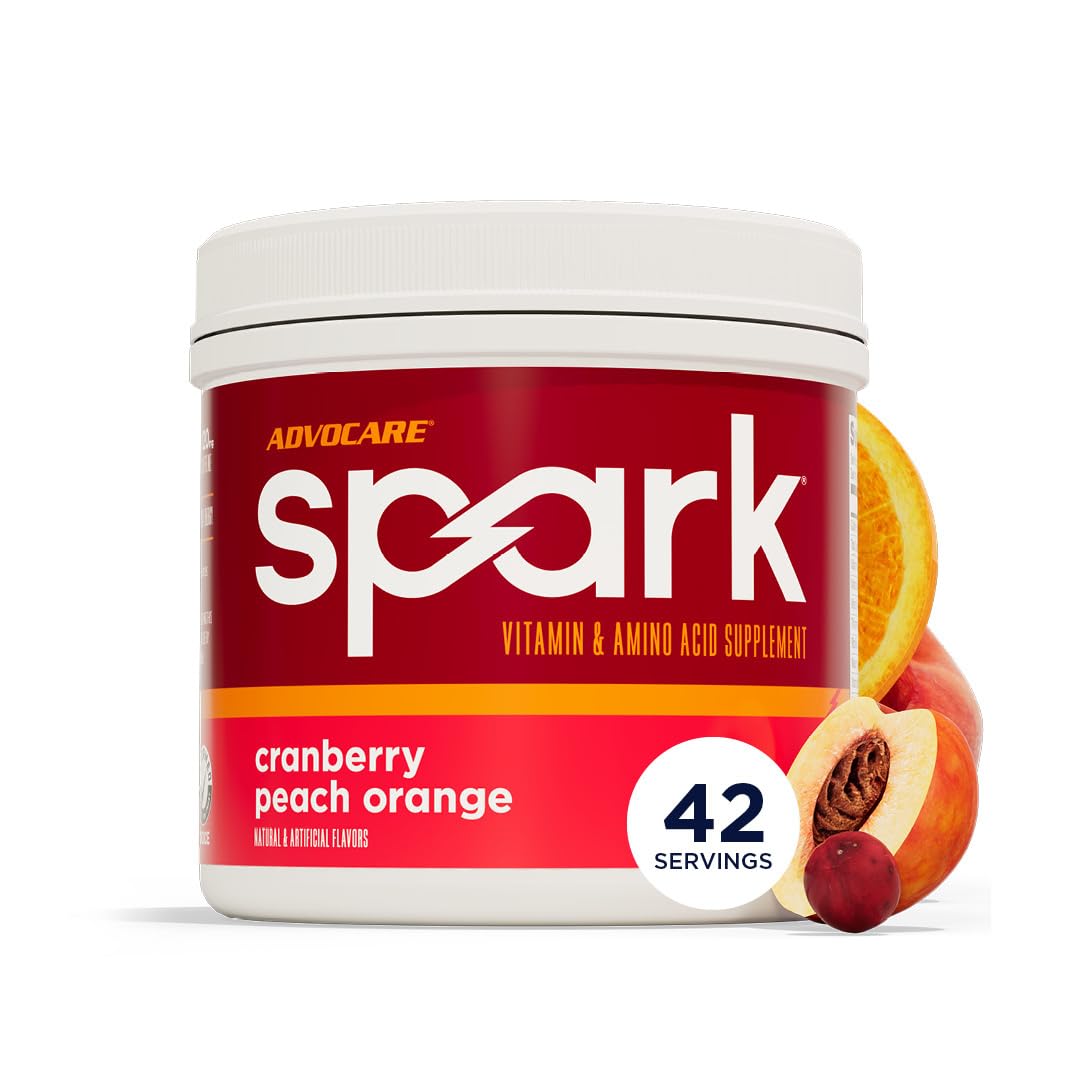 AdvoCare Spark polvo en envase, sabor arándano-durazno-naranja, para energía sostenida.