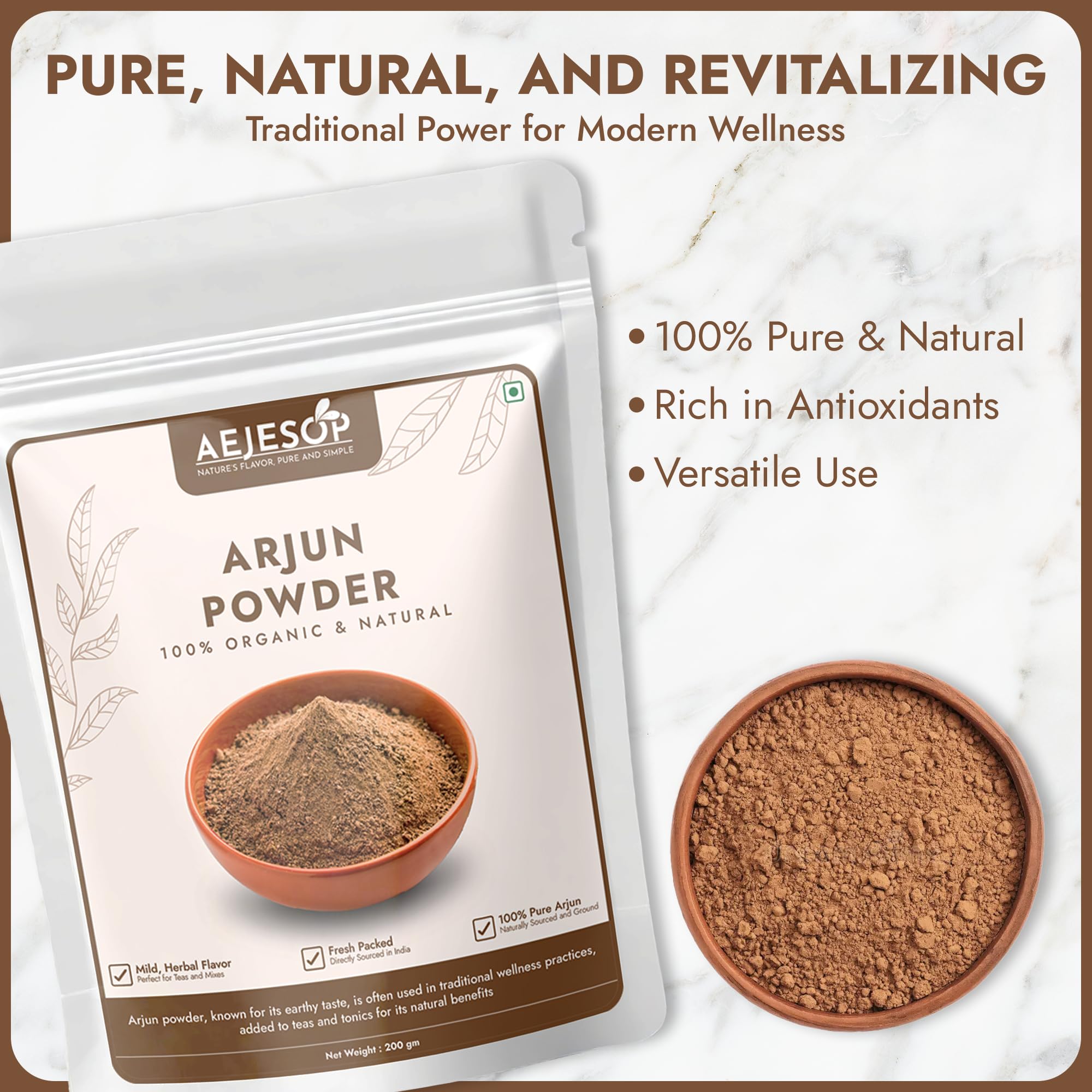 AEJESOP Polvo de Arjuna vertido en taza de té aromático.