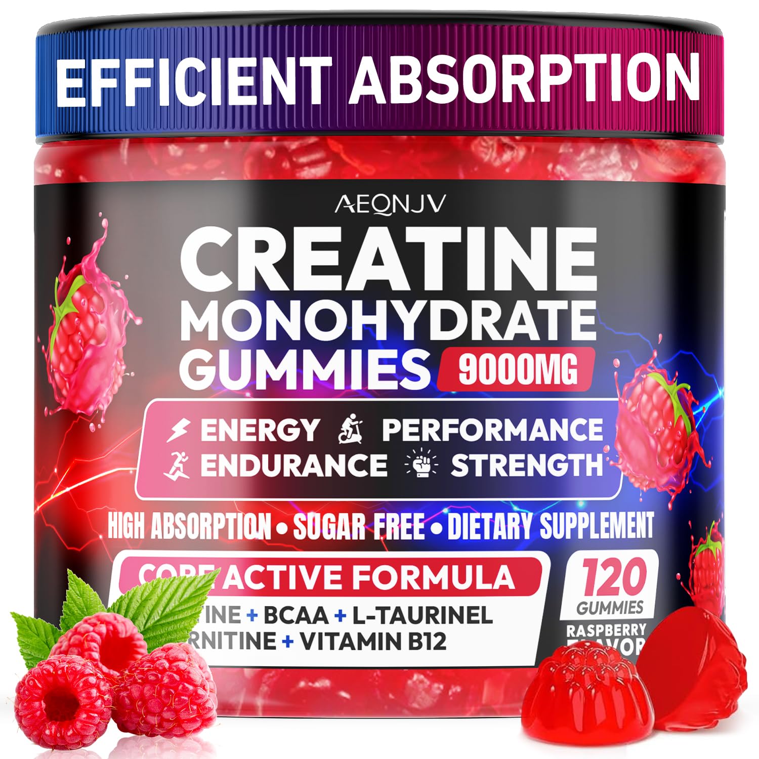 AEQNJV envase de gomitas creatina monohidrato para rendimiento y energía durante entrenos.
