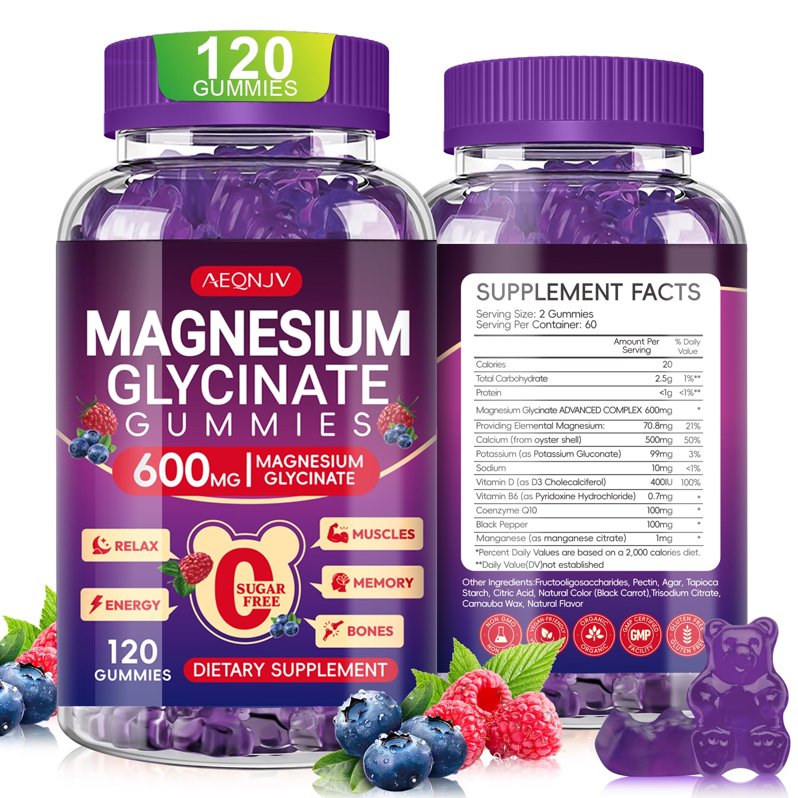 AEQNJV magnesio glicinato gummies con sabor frutos rojos y beneficio relajante.