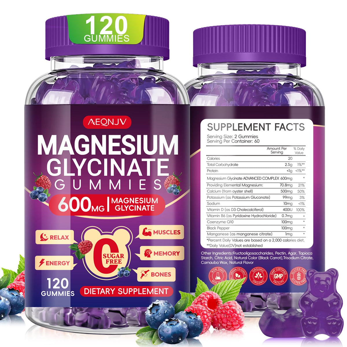 AEQNJV magnesio glicinato gummies con sabor frutos rojos y beneficio relajante.