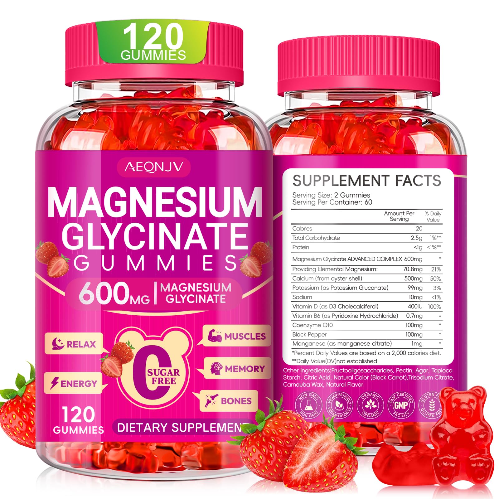 AEQNJV gominas magnesio glicinato 600 mg en caja para uso diario y relajación.