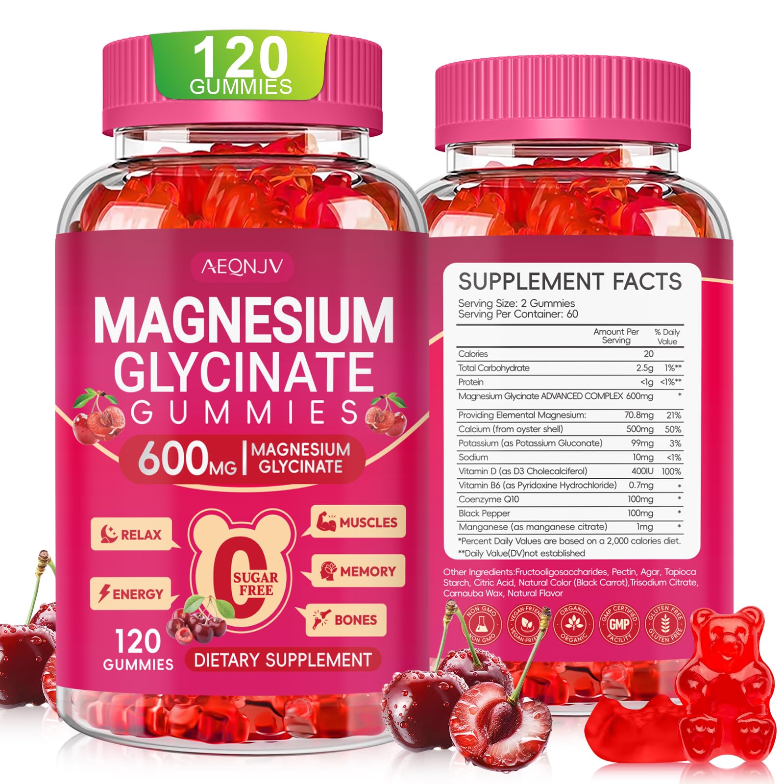 AEQNJV magnesio glicinato gomitas 600 mg en botella para consumo diario.
