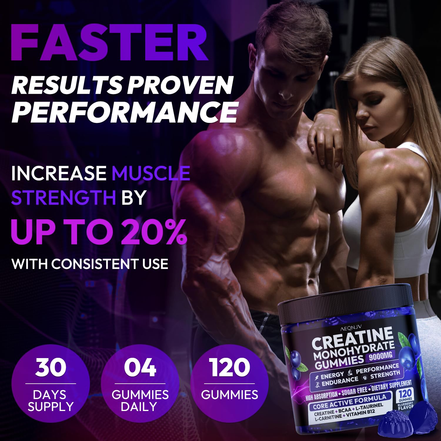 AEQNJV Creatine Gummies monohidratada, dosis diaria, fácil incorporación a cualquier rutina.