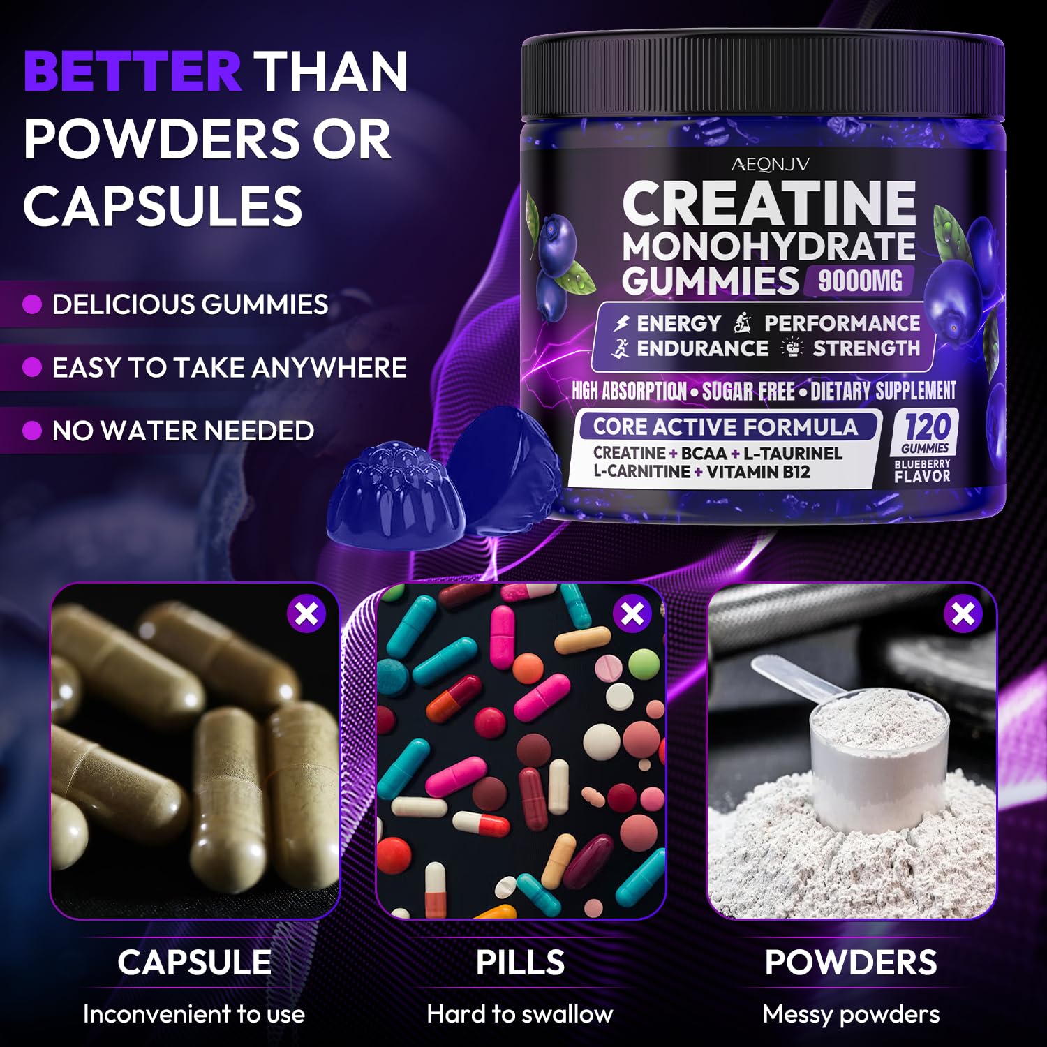 AEQNJV Creatine Gummies monohidratada, envase abierto, dosis rápida entre sesiones.