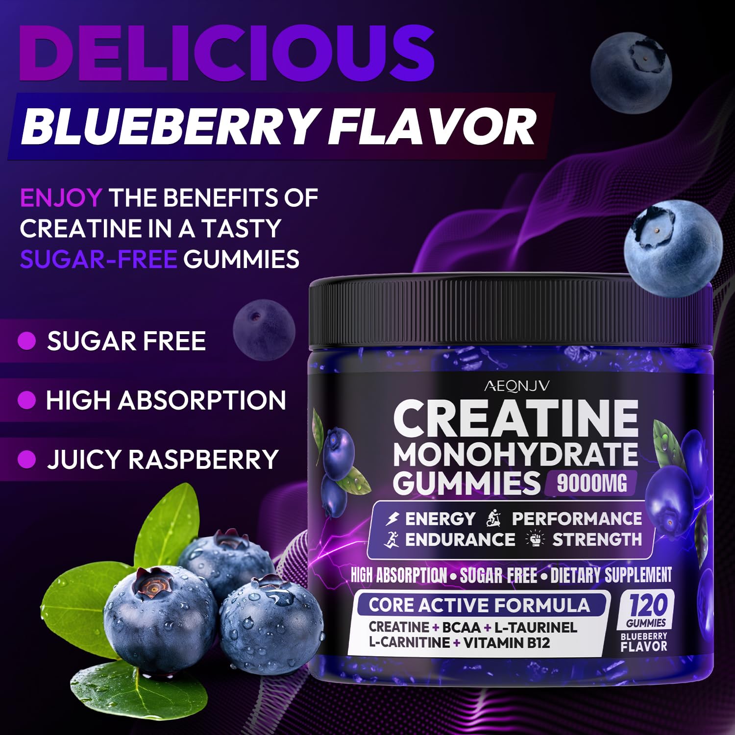 AEQNJV Creatine Gummies monohidratada, etiqueta visible, sabor arándano y recuperación muscular.