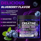 AEQNJV Creatine Gummies monohidratada, etiqueta visible, sabor arándano y recuperación muscular.