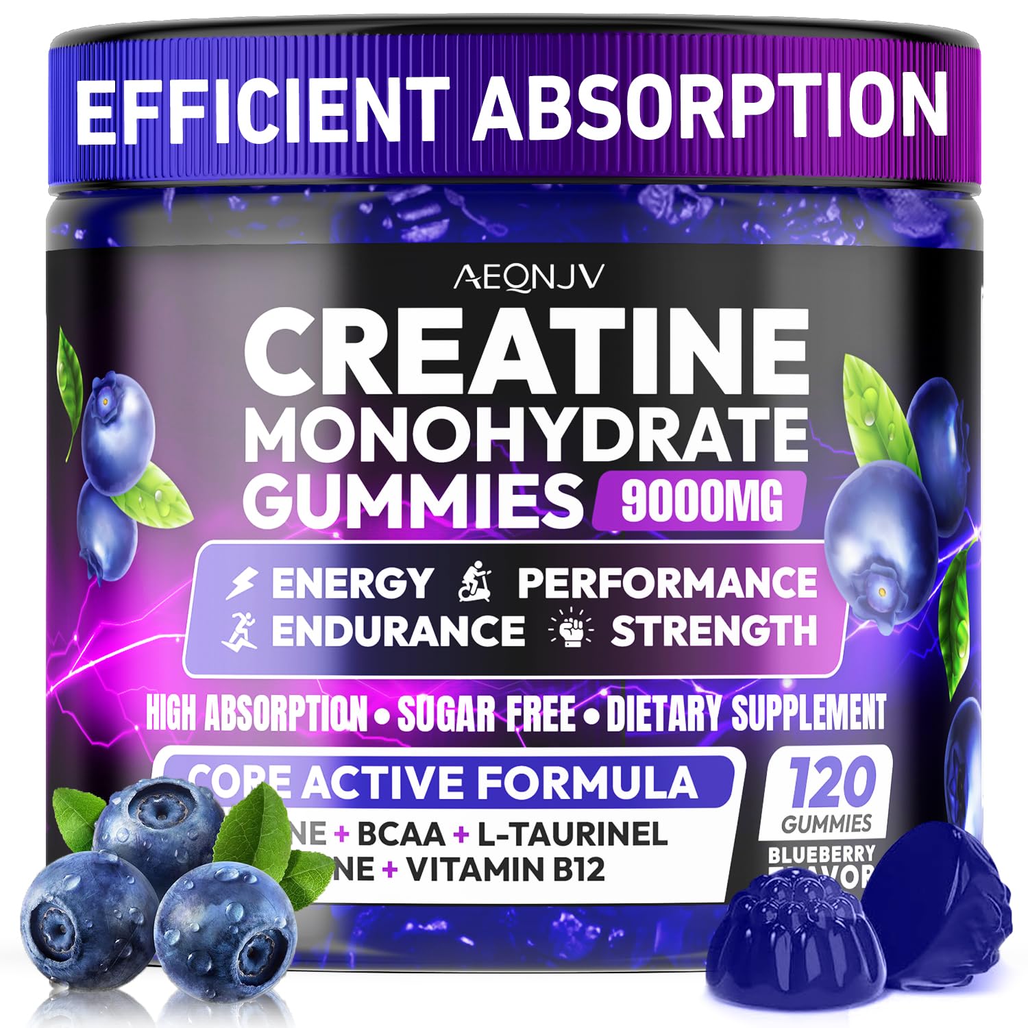 AEQNJV Creatine Gummies monohidratada, frente del envase, potencia energía para entrenamientos.
