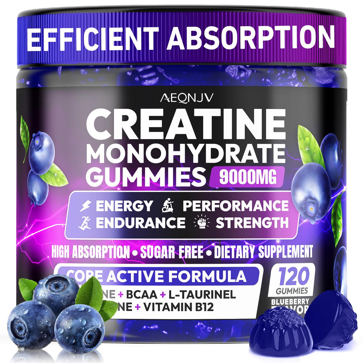 AEQNJV Creatine Gummies monohidratada, frente del envase, potencia energía para entrenamientos.