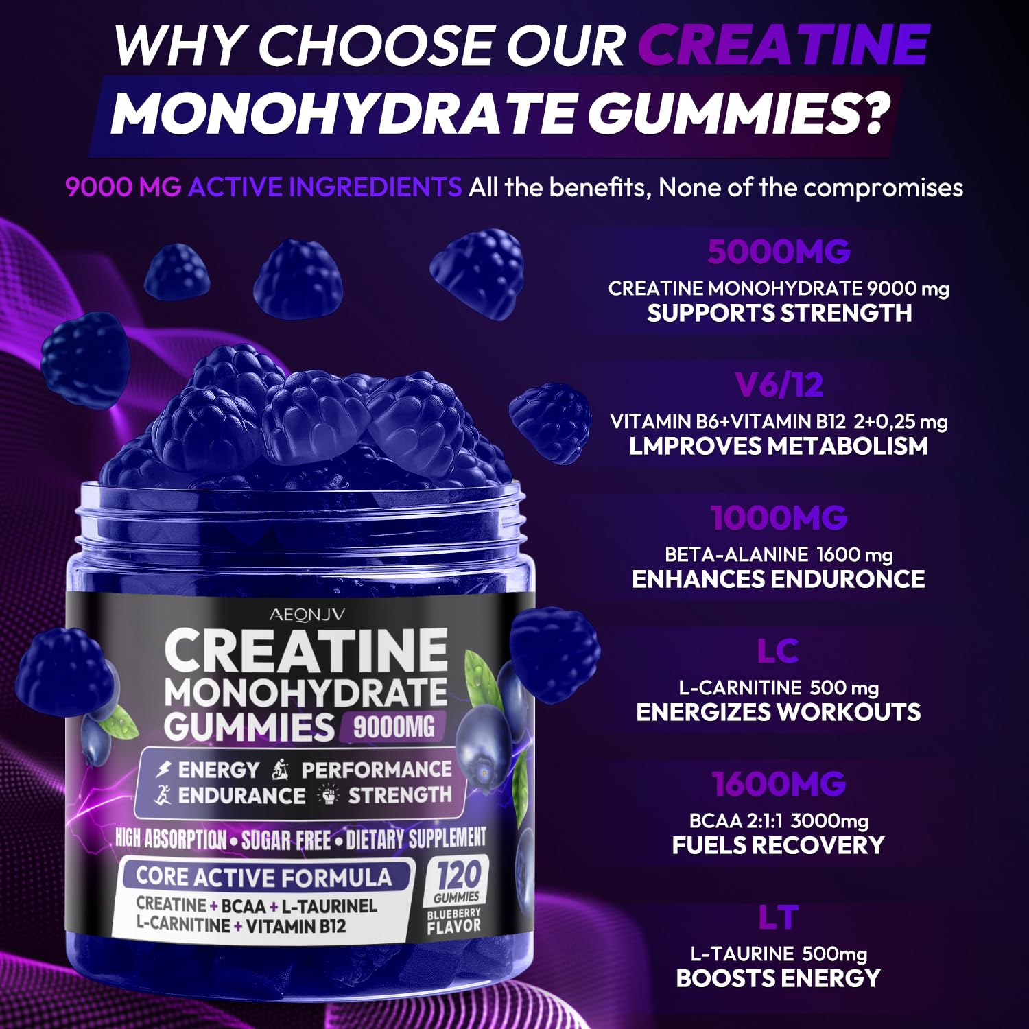 AEQNJV Creatine Gummies monohidratada, vista de viaje, opción práctica para entrenar fuera.
