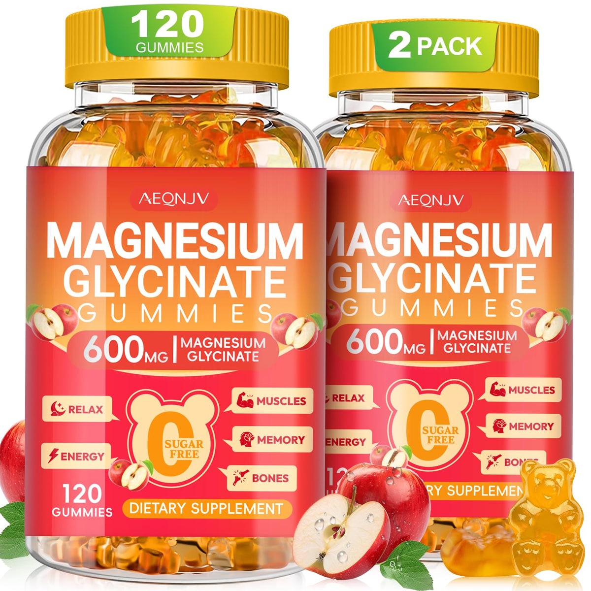 AEQNJV gominolas glicinato magnesio 600 mg sabor manzana, consumo diario agradable.